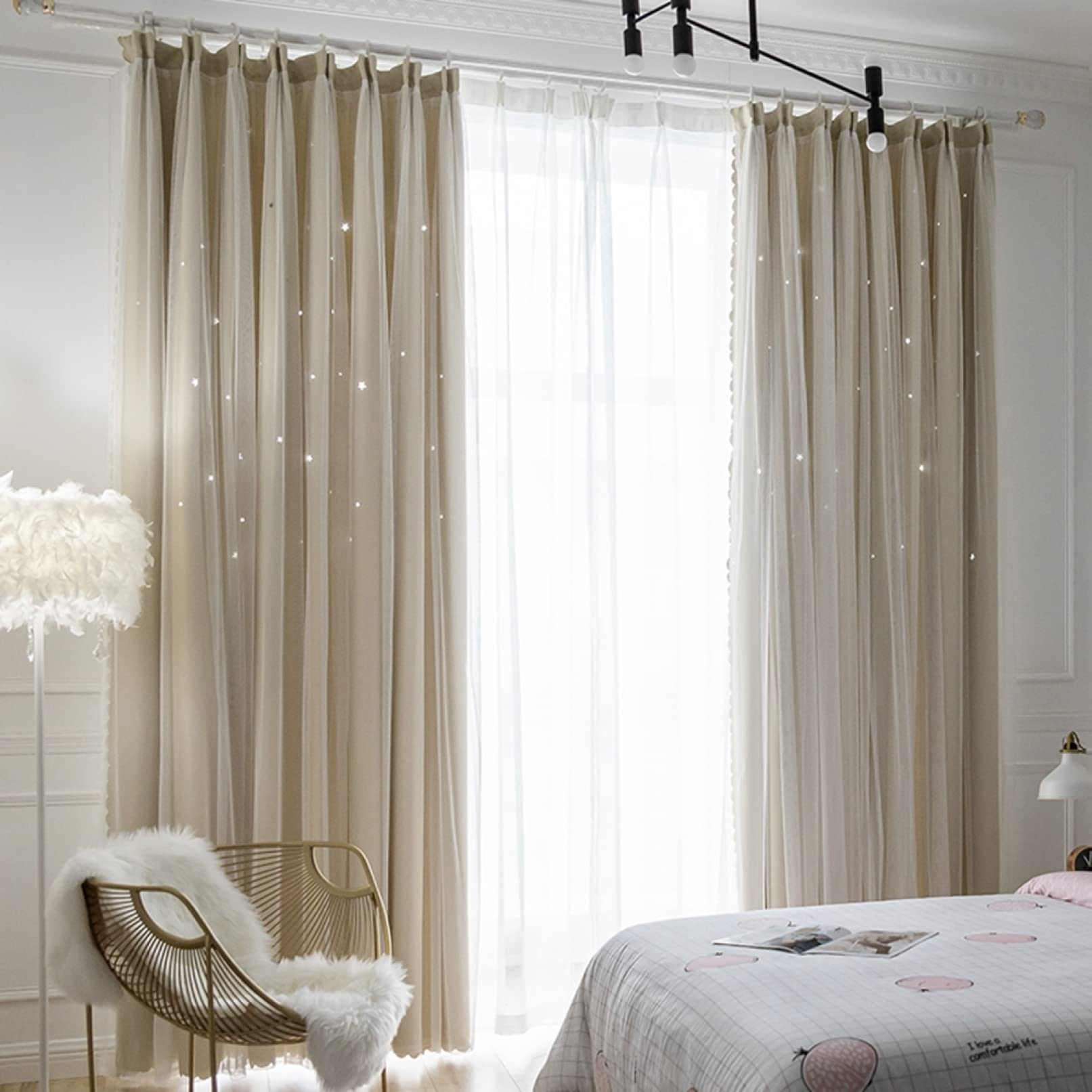 Amazon｜姫系 遮光カーテン 可愛い 星 柄 カーテン 遮光 目隠し グレー