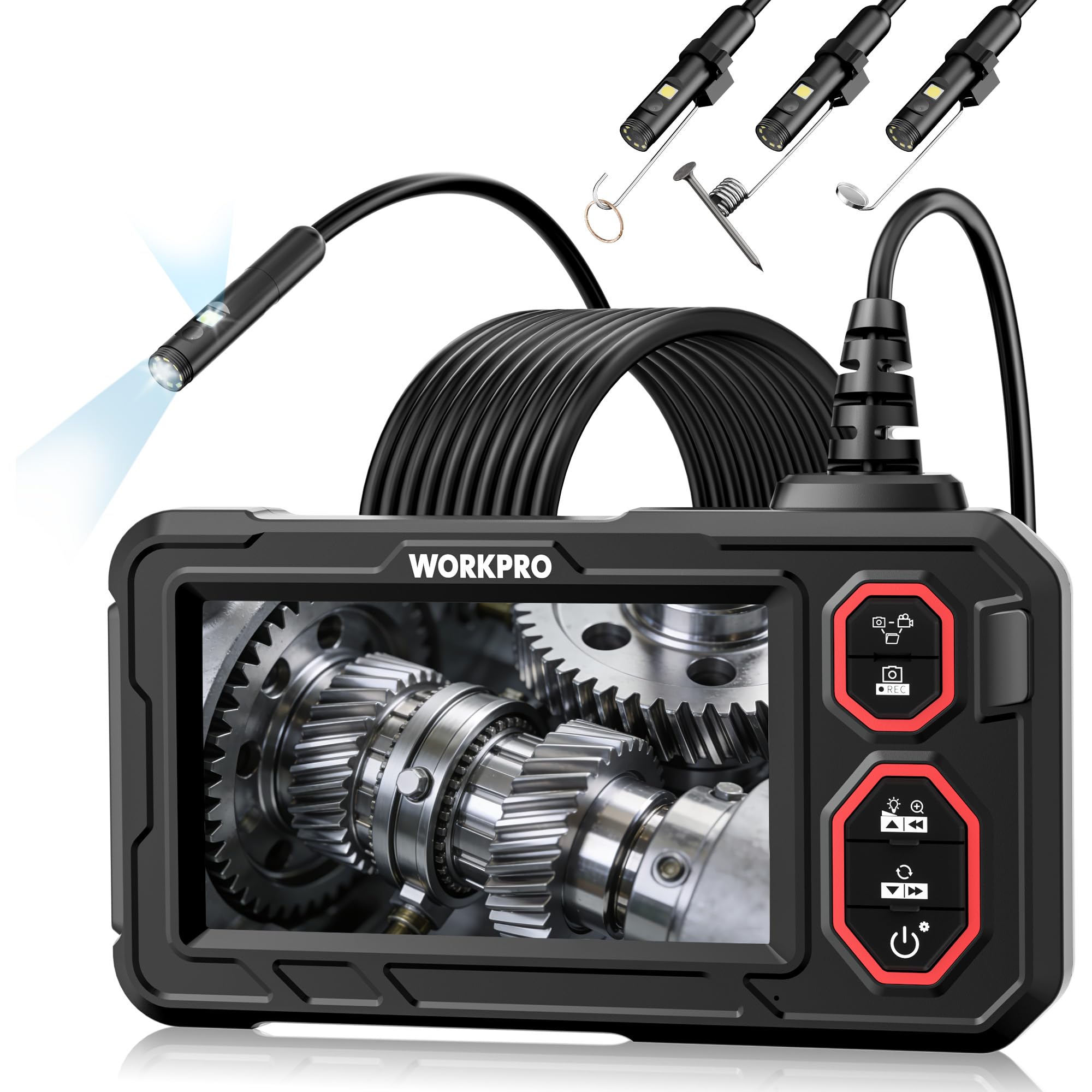 WORKPRO Cámara Endoscópica 1080P HD, Pantalla IPS 4,3", Boroscopio Digital Industrial con Tarjeta TF 32 GB, 8+1 LEDs, Cable Semirrígido 5M, IP67 para Inspección de Tuberías y Automóvil