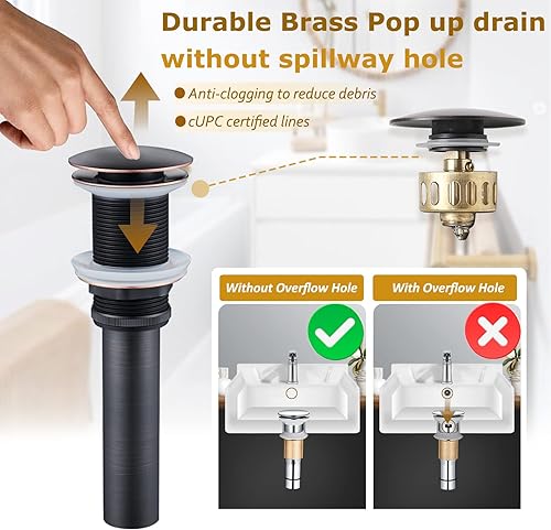 Miniatura 5 de Grifo alto de baño de bronce aceitado, diseño antiguo, mango único, montaje de fregadero de 1 agujero, drenaje desplegable y líneas de suministro