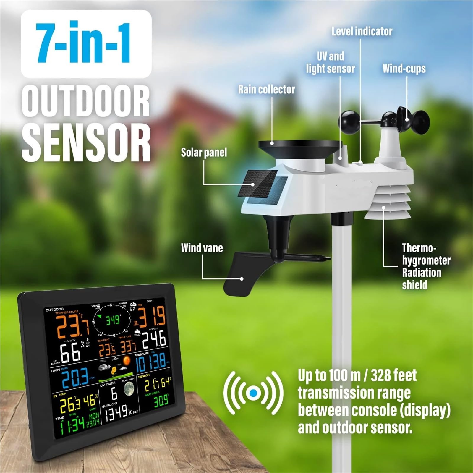 Stazione Meteorologica 7 In 1 Con Sensore Esterno, Monitor Wireless