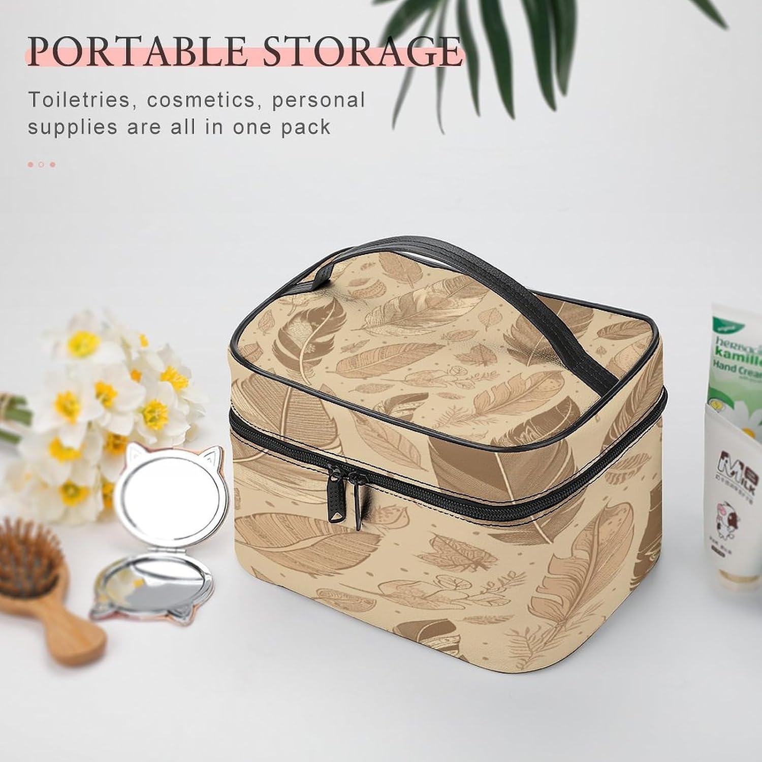 Beige Leaf Pattern Makeup Bag with Handle Fashion Portable Travel Toiletry Bag Exquisite Large Capacity Cosmetic Bags Lightweight Travel Accessories Storage Bags for Women image 5
