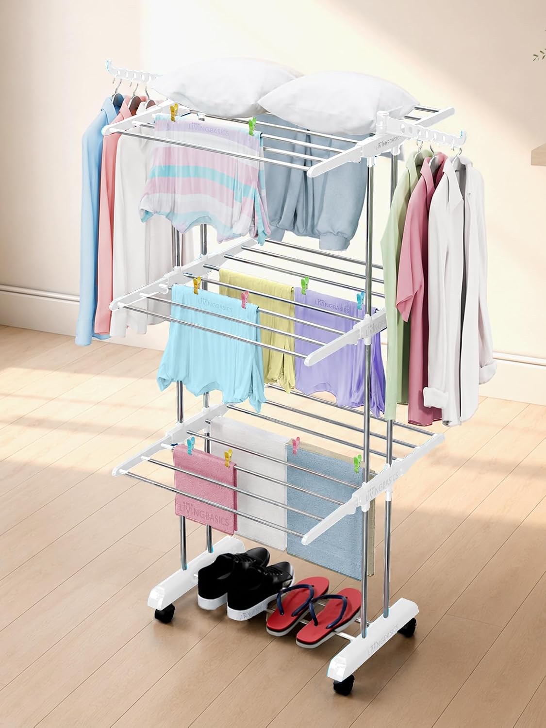 LIVINGBASICS 3 Layer Cloth Drying Stand, Snow White+ 18 Rod Clips