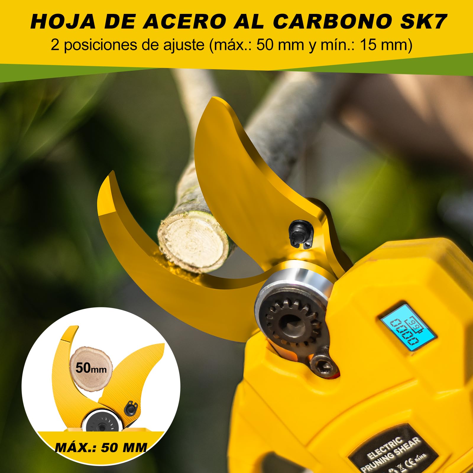 Tijeras de Podar Electricas, Apertura Máxima de La Hoja 50 mm, 4000mAh Batería Sharp Sk7, 2 Tamaños de Apertura con Monitor, Tijeras de Podar con Motor Brushless para Jardinería,Árboles Frutales