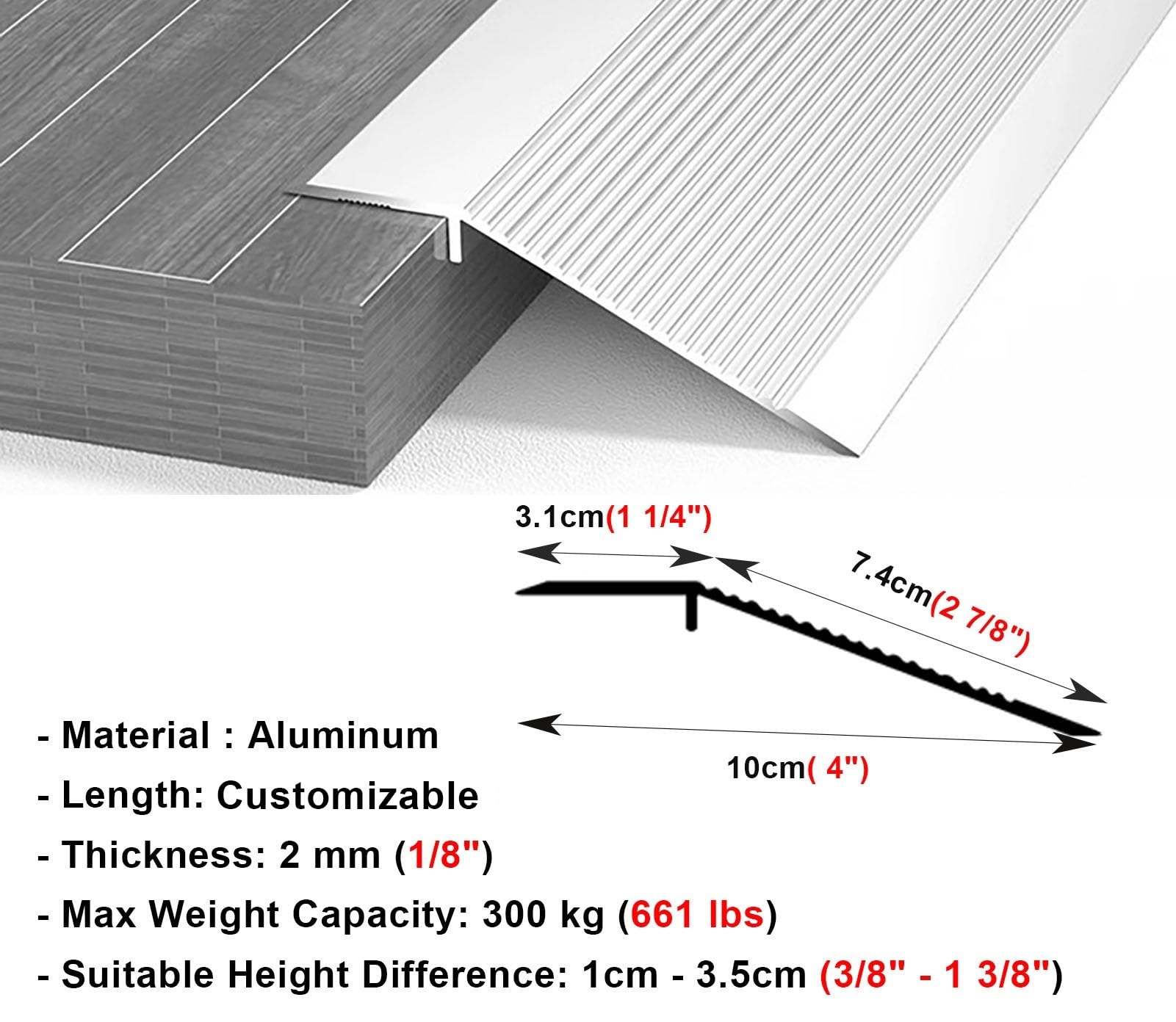 Aluminiowa rampa progowa do nierównych podłóg, 180 cm, srebrna listwa przejściowa do drewna na płytki, łatwe do czyszczenia, listwy osłonowe z reduktorem, idealna do drzwi i wnętrz