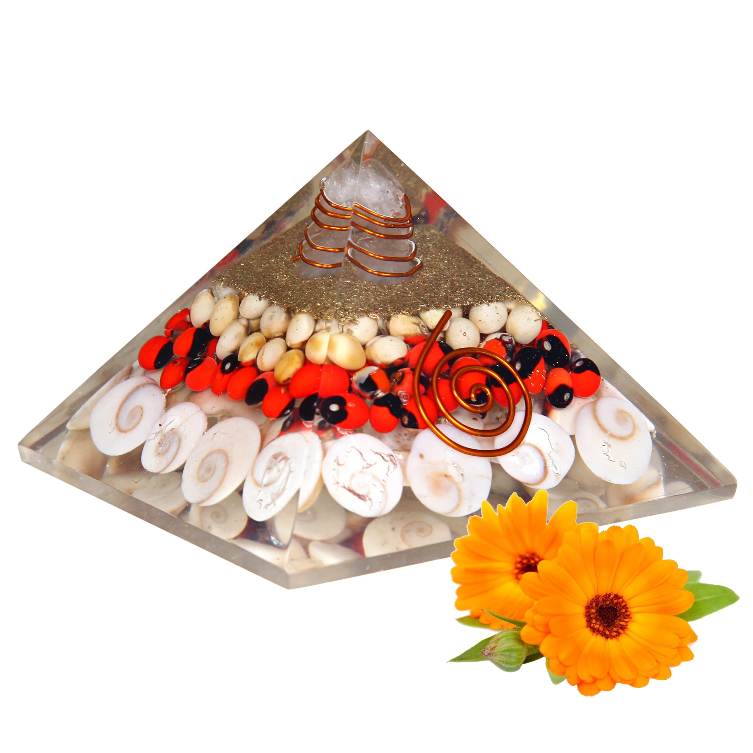 Anciently Gomti Chakra Orgonite Pyramid With Red & White Chirmi Seeds Vastu Pyramid (3 Inch Width X 2 Inch Height) 1 Piece