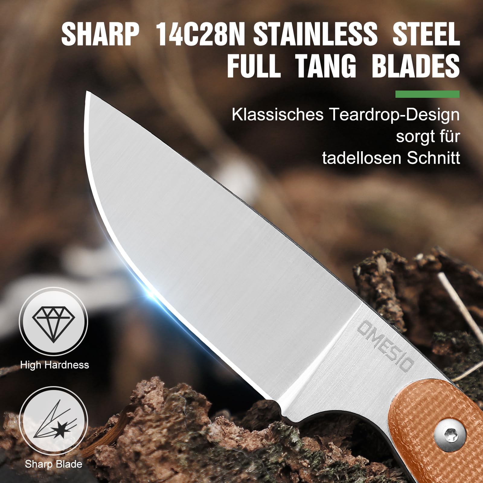 Omesio Petit Couteau Ceinture 14C28N Full Tang Micarta Kydex | Manche Micarta robuste, étui Kydex inclus. Idéal survie, randonnée, camping, cadeau homme.