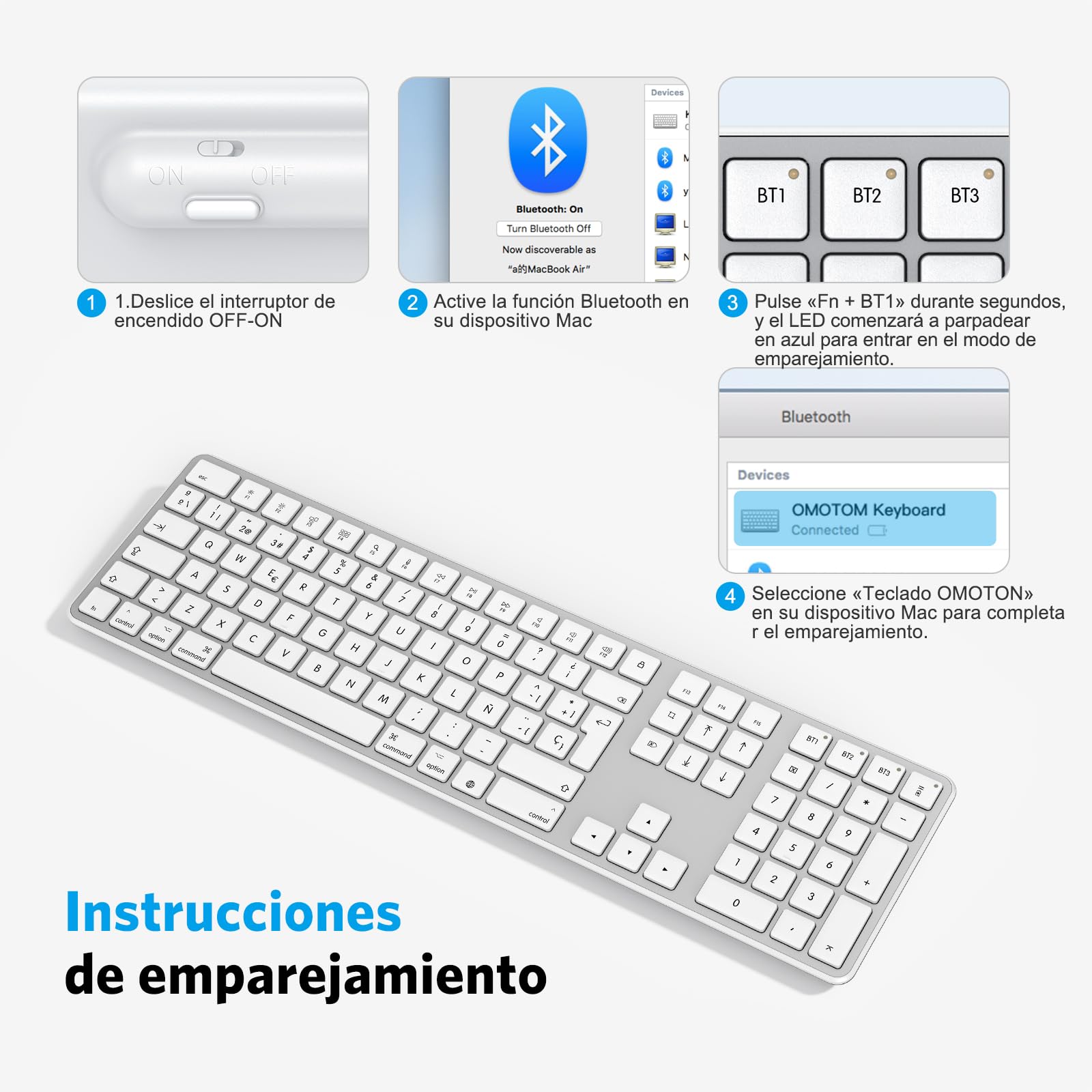 OMOTON Tastiera wireless Bluetooth per Mac, compatibile con MacBook Pro/Air, iMac/Mac Mini/Pro, ricaricabile e con 3 canali Bluetooth, distribuzione spagnola (argento)