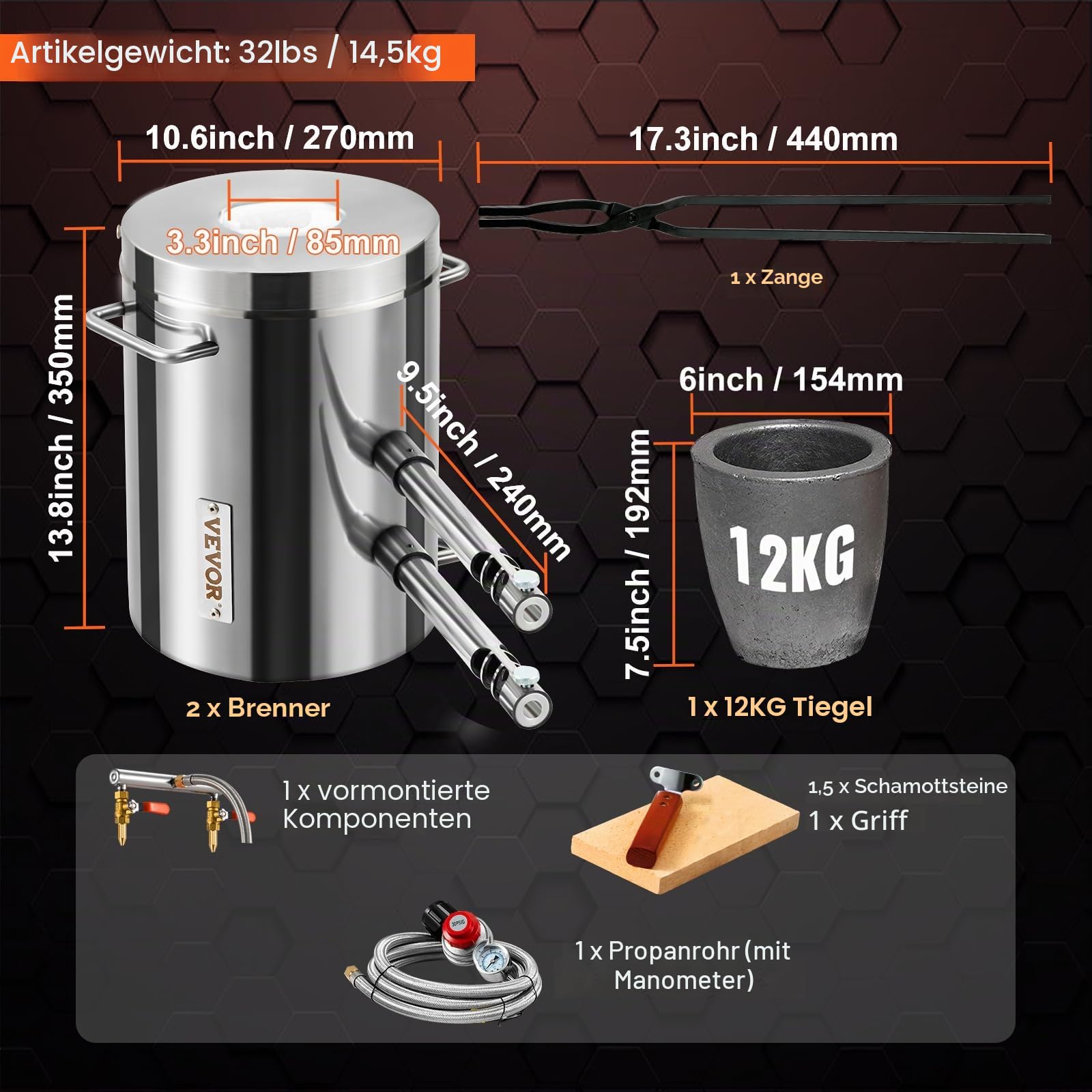 VEVOR Schmelzofen-Propan-Schmiede, 12 kg große Kapazität, Gießerei, Schmiede mit Tiegel und Zange, Edelstahlschmelze, für Metallschrott-Recycling, Gold, Kupfer, Silberguss