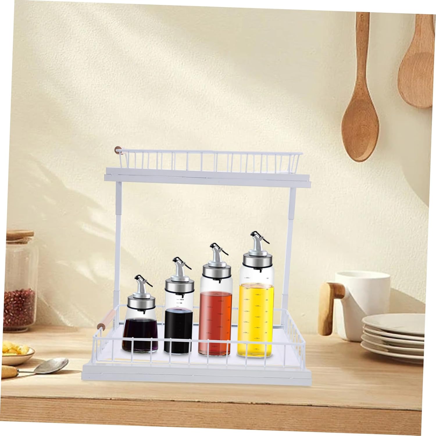Pull-out Kitchen Cabinet Organizer with Guardrail Rack and Sink Storage Shelf for Efficient Pantry and Countertop Organization