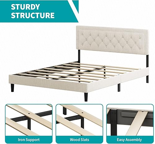 Miniatura 8 de BALUS Base de cama plana de tamaño matrimonial, cabecera tapizada de tela de lino con botones copetudos para dormitorio, apartamento, diseño