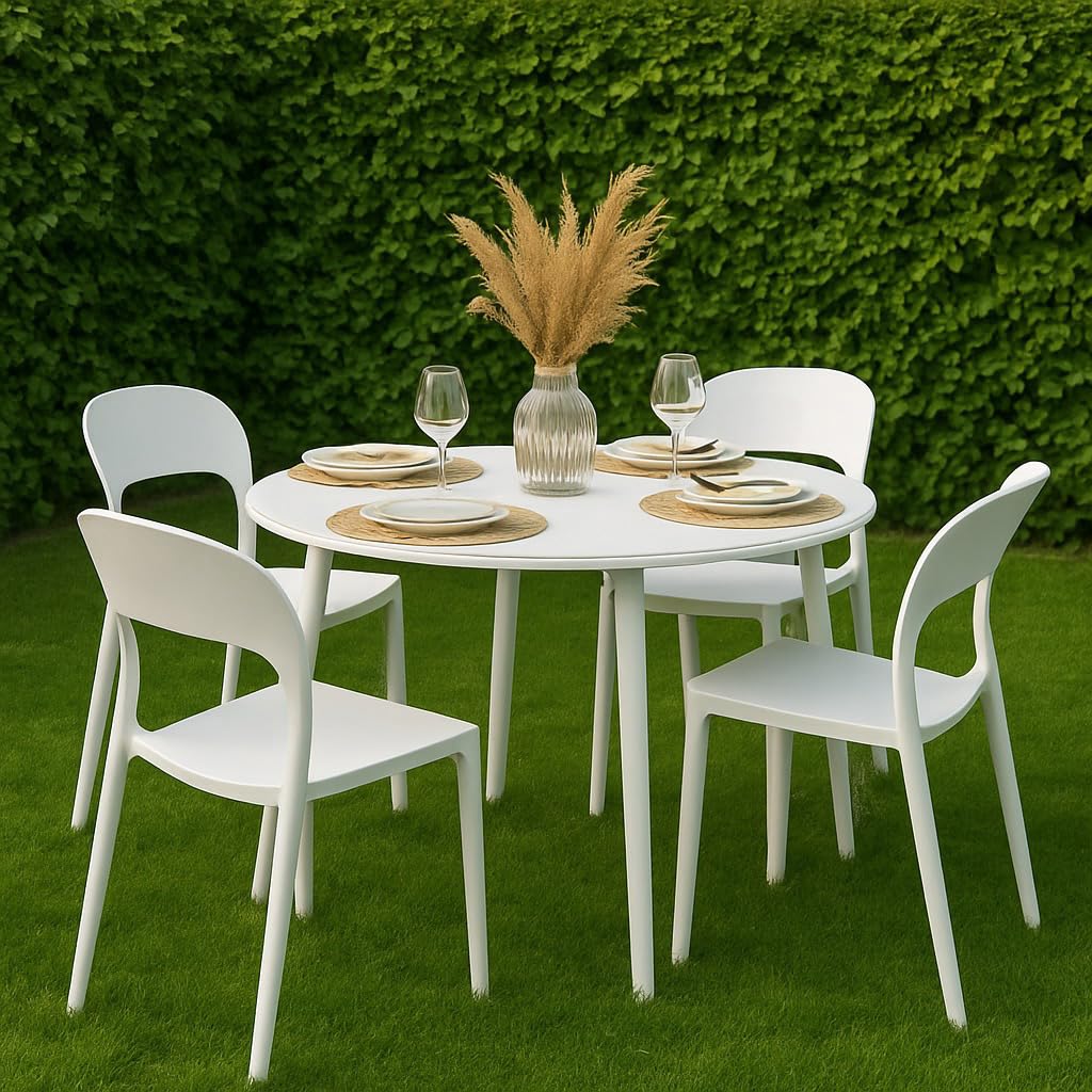 Baroni Home Set 4 Sedie in Plastica Bianca – Impilabili, Senza Montaggio, Facili da Pulire, con Gommini Antiscivolo, per Cucina, Soggiorno, Sala da Pranzo, Esterno 41x38x77 cm Stondata