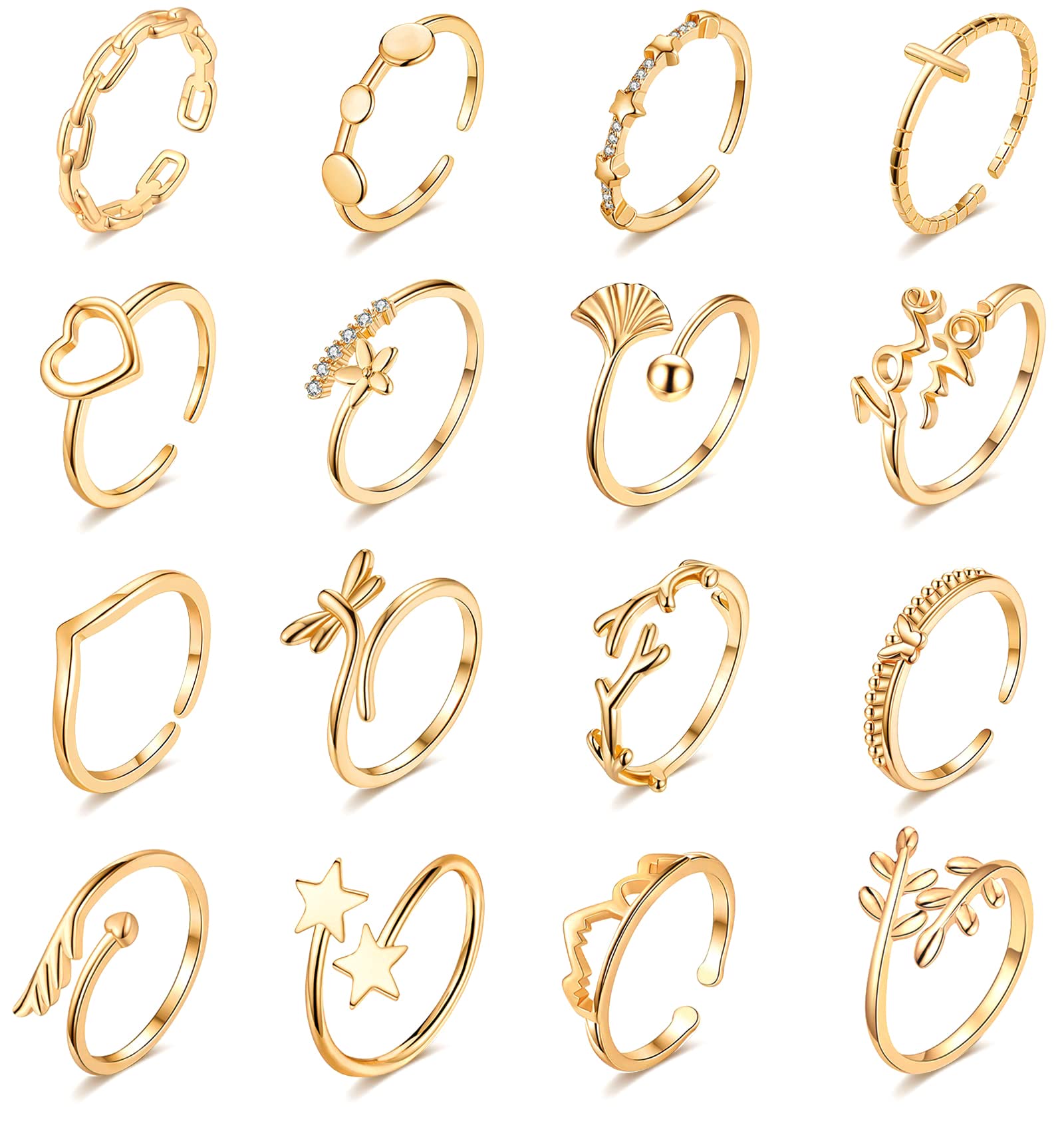 KOHOTA 16PCS Adjustable Rings for Women 18K Gold Plated Stacking Rings Set Butterfly Wave Arrow Heart Thumb Midi Knuckle Finger Rings for Teen Girls