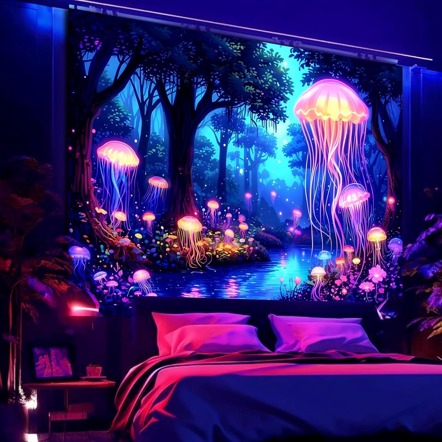 Manicer Blacklight Jellyfish Forest Tapestry – UV Reactive Fantasy Underwater Jellyfish in Enchanted Forest, Glow in the Dark Neon Nature Art Wall Hanging for Bedroom, Living Room – 70.9" x 90.6"