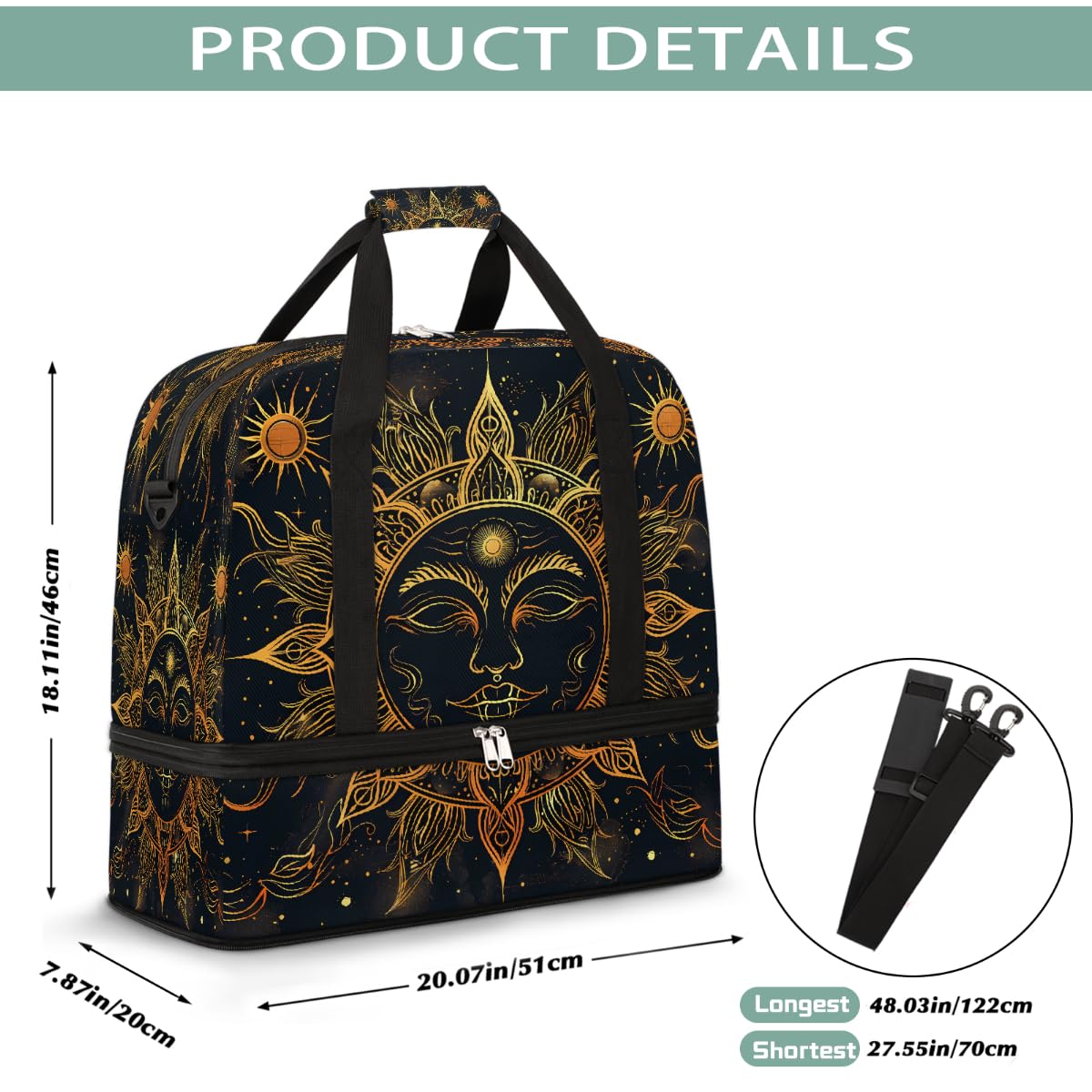 Borsone da viaggio pieghevole con mandala dorato e viso di sole, borsa da palestra espandibile con scomparto per scarpe, grande capacità, borsa da weekender, per viaggi, sport, viaggi notturni