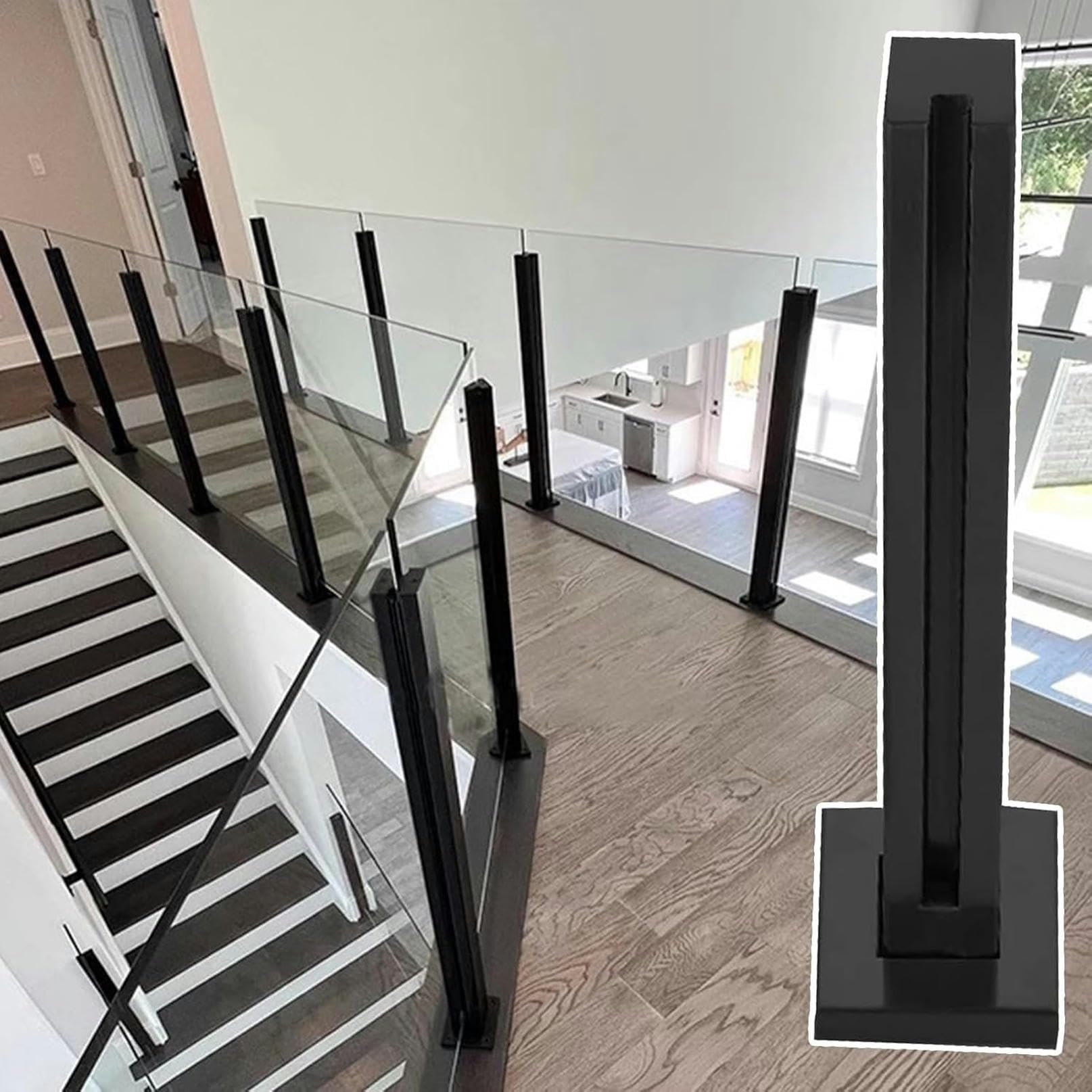 Poste de barandilla de vidrio negro para eliminar zonas oscuras en escaleras de loft