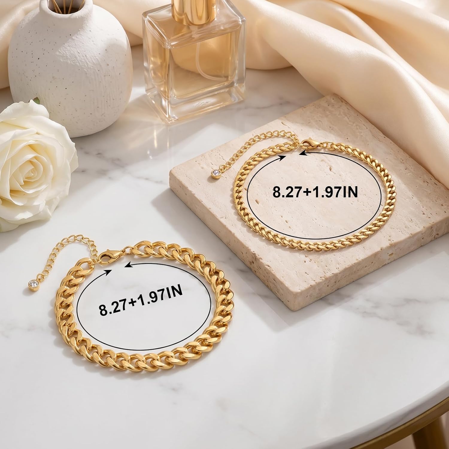 2 Pcs Cuban Link Anklets for Women, Waterproof Stainless Steel Ankle Bracelets Non Tarnish Layered Foot Chain Summer Beach Jewelry