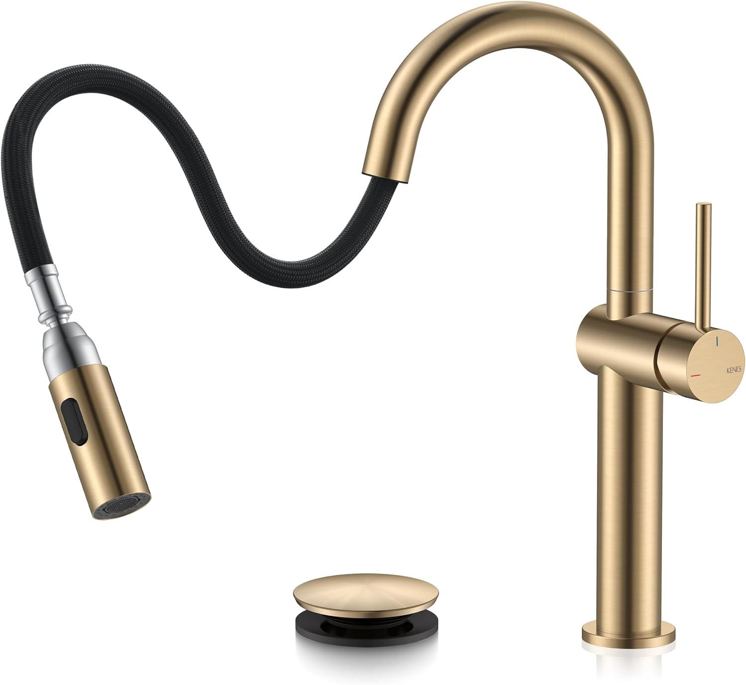 KENES Champagne Bronze Pull Down Tall Vessel Sink Faucet 1 Hole 1 Handle | Vessel Bowl Faucet with Pop Up Drain & Supply Lines, Lead-Free cUPC & NSF Certified, 1 Hole Faucet for Vanity RV Restroom