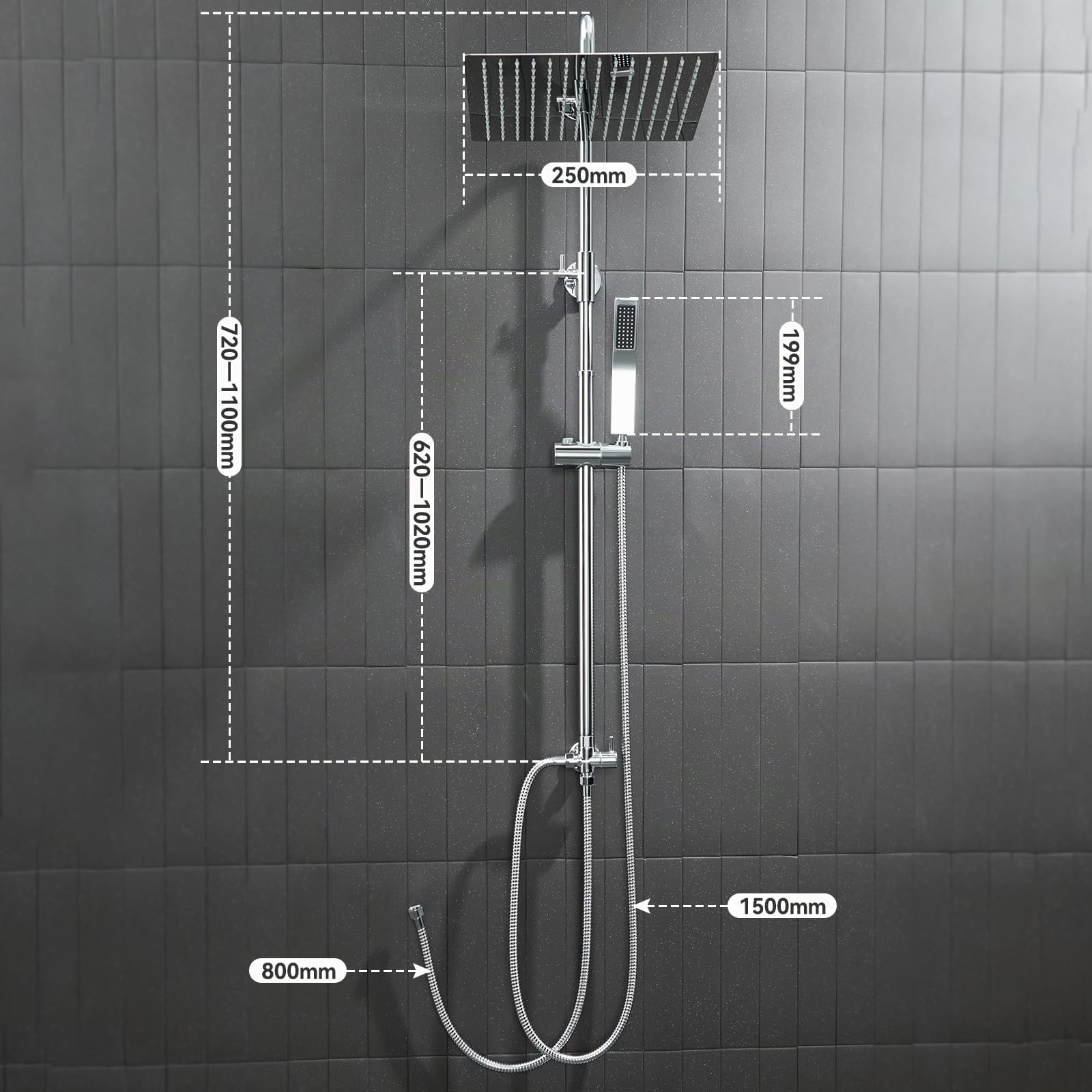 Auralum Colonna Doccia senza Miscelatore, Colonna Doccia Acciaio Inox con Saliscendi Doccia Altezza Regolabile 72-110cm, Asta Doccia con Soffione e Doccetta, Doccia Soffione con Doccetta Cromo 25x25cm