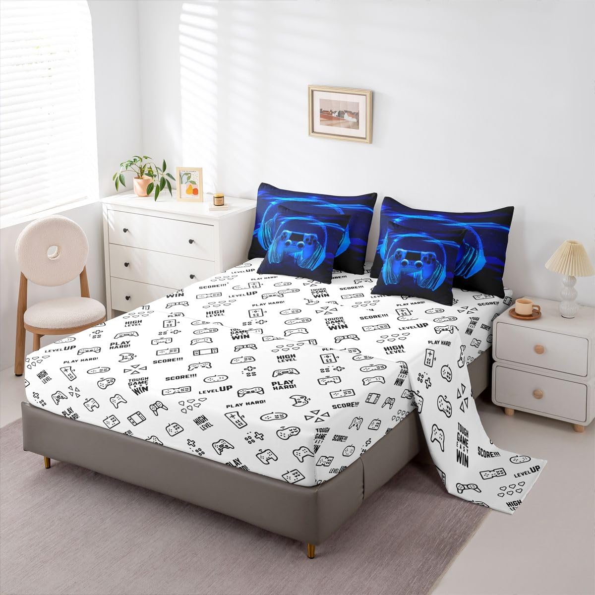 Feelyou Gamer Bed in a Bag Kids Video Game Gamepad Bedding Set for Boys Teens Gaming Headset Comforter Set Twin Size 7 Pieces Blue Game Bed Set with Comforter, Sheet Set, Pillowcases, Pillow Covers