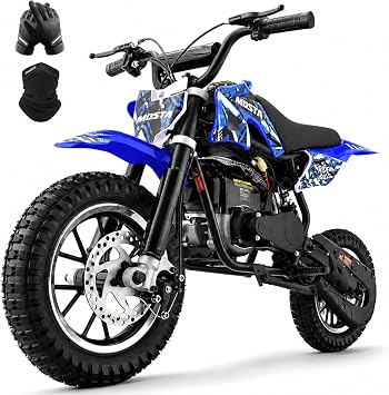 MOSTA Mini Bike, 4-Stroke Gas Powered Dirt Bike for Kids, Max 20Mph Kid Motorcycle with Disc Brakes and Shock Absorbor, No Oil Mix Needed Blue
