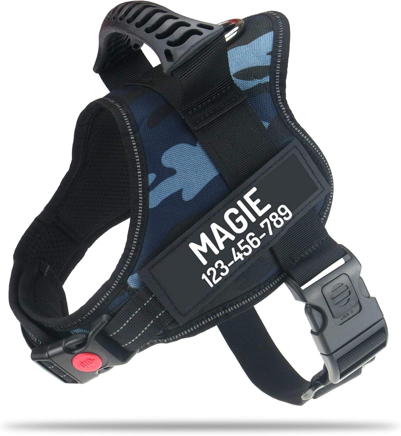 Personalized No Pull Dog Harness with Custom Name and Phone Number by PawPawify, Heavy Duty Pet Vest to Prevent Tugging, Pulling, or Choking, Training and Walking M Chest 24-31in Blue Camo