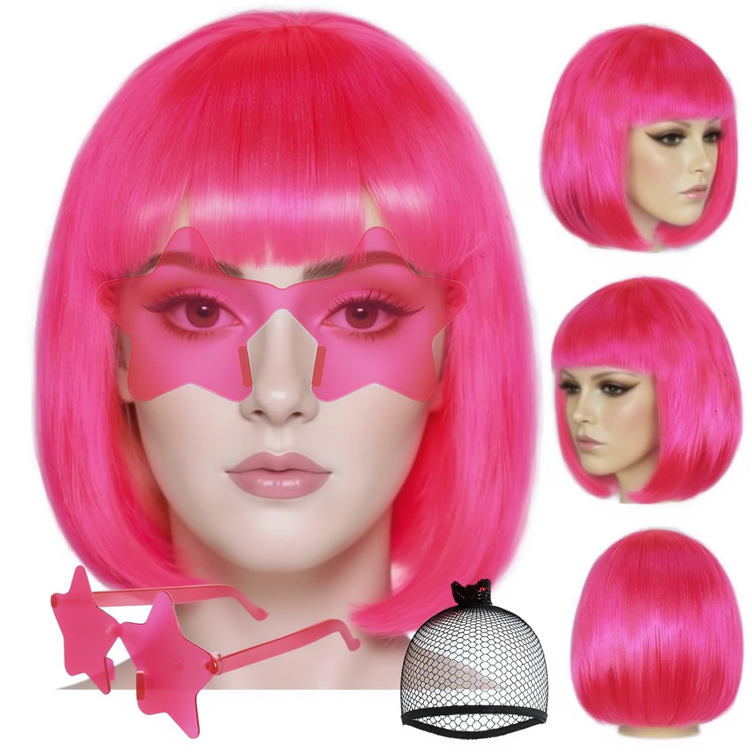 ANOGOL Hair Cap + (Sunglasses) Hot Pink Bob Wig with Bangs Womens Hot Pink Wigs with Star Shape Sunglasses Short Neon Wig Party Outfit Fun wigs for