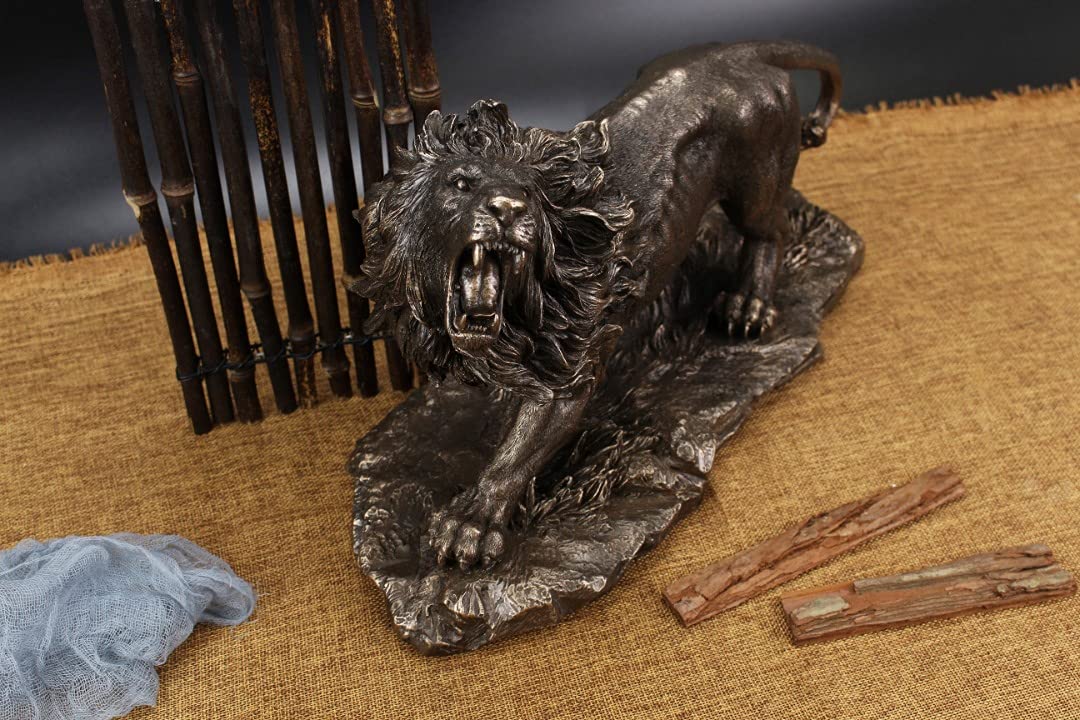 Große Brüllende Löwe Skulptur Handgefertigt in Bronze-Optik Lebensgroß | Echter Löwe Figur als Motivation für Unternehmer | Deko Figur in Schwarz-Gold Statue Groß