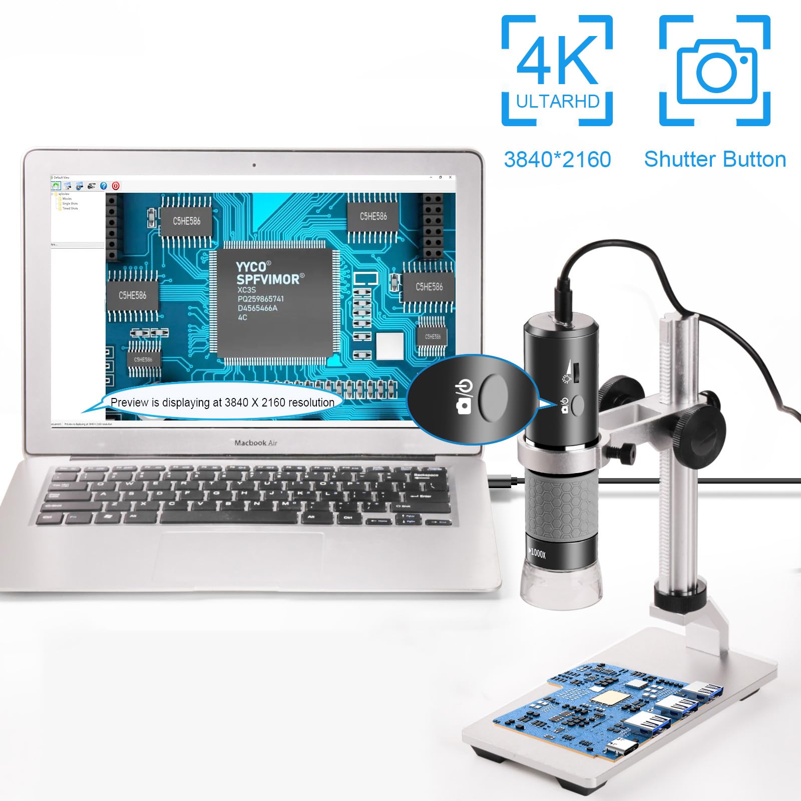 Mikroskop Mostanne 4K z metalowym uchwytem Pro, aparat cyfrowy mikroskop o rozdzielczości 3840 x 2160, powiększenie 50X do 1000X, kompatybilny z tabletami iPhone Android Mac Chrome Linux i Windows