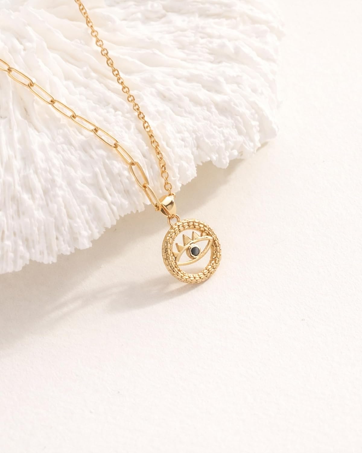 womens 14k gold necklace, 14k gold pendants for women, Evil Eye Pendant Necklace, 14K Gold Finish Textured Medallion, Black Stone Accent, Hypoallergenic Nickel-Free, Good Luck Gift for Her