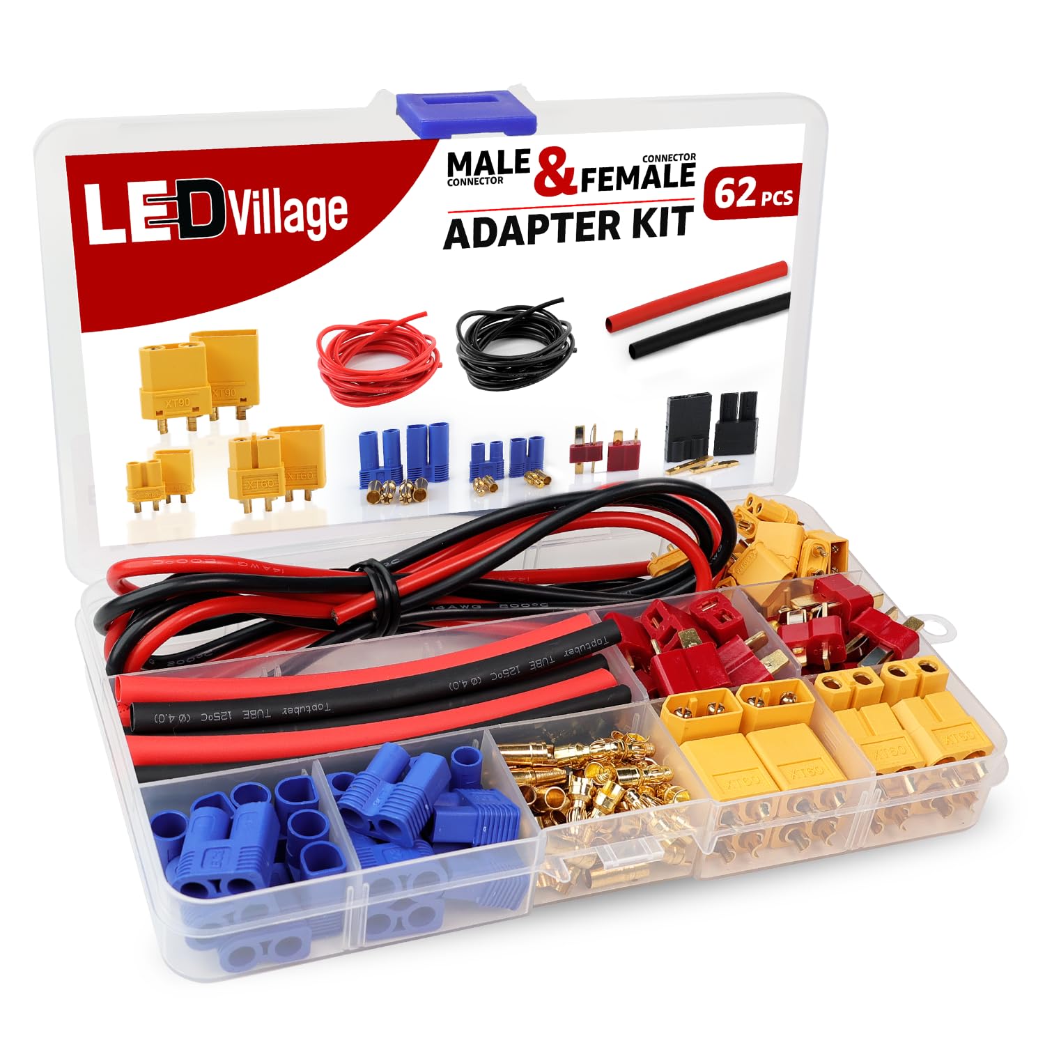 Ledvillage 62pcs T-Plug / XT30 / XT60 / EC3 Male & Female Plug Adapter Connectors Kit 14 AWG Silicone Wire and Heat Shrink Tubing for RC Lipo Battery Accessories ESC Motor