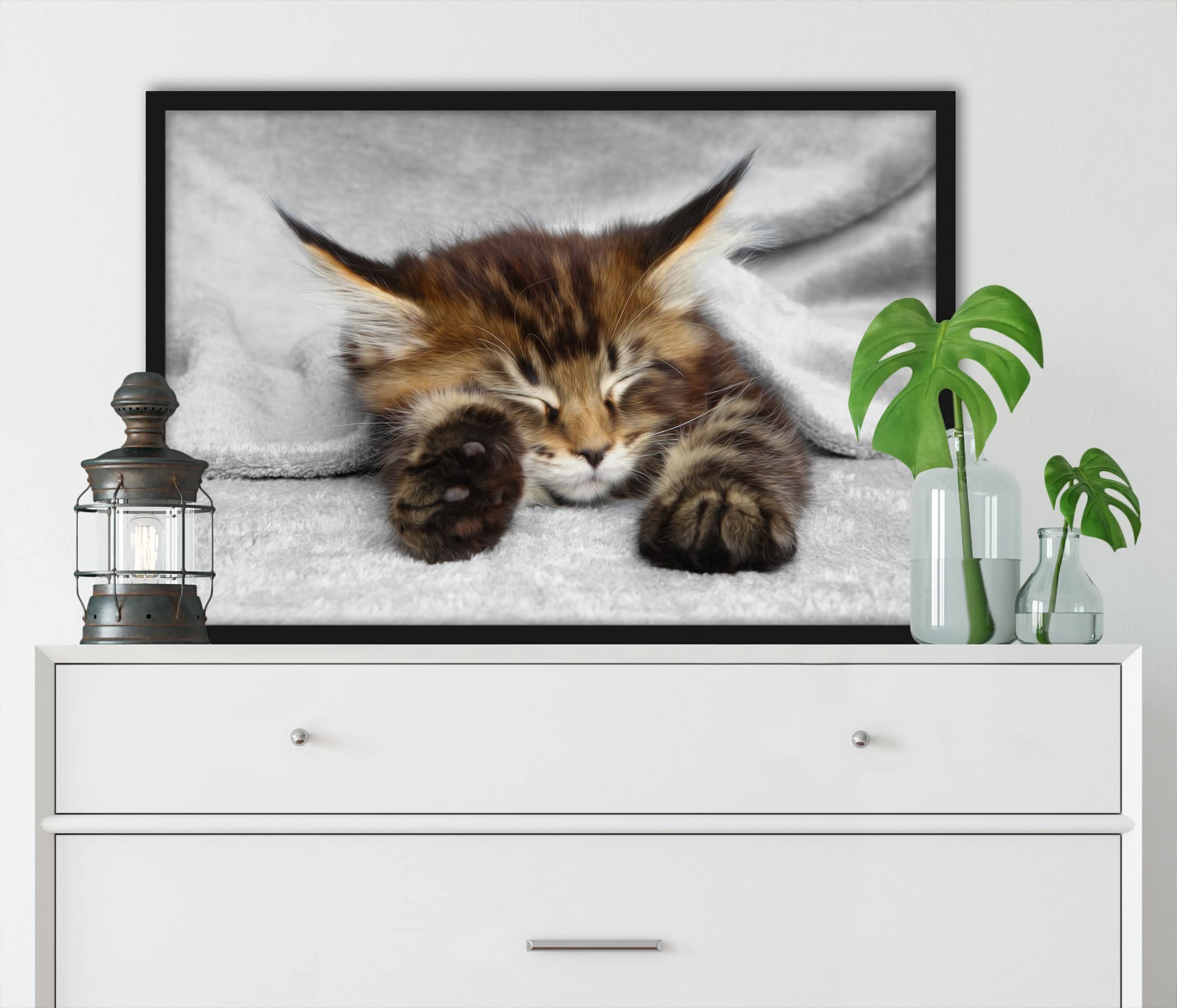 Poster a forma di gatto con orecchie grandi, formato 100 x 70 cm, stampa artistica incorniciata