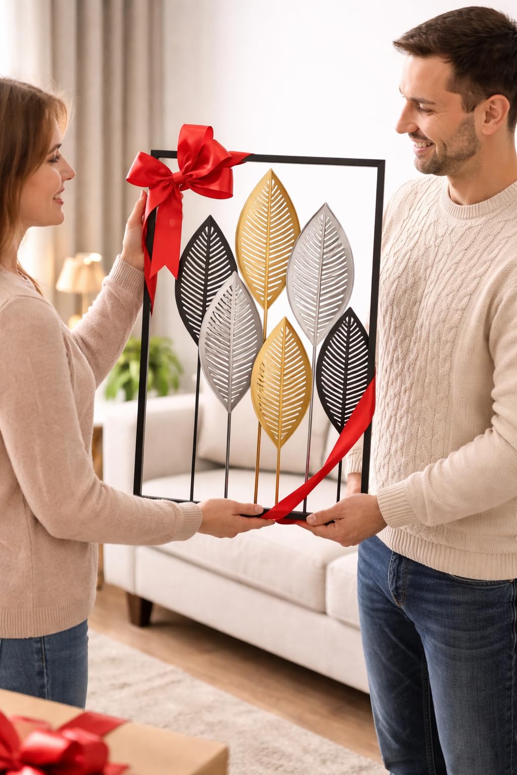 Generisch Wanddeko Metall Modern – Deko für Wohnzimmer, Schlafzimmer & Flur – Elegante Dekoration mit Blätter Design – Hochwertige Wanddekoration – Stilvolle Wandkunst (64,7 x 37,3 cm)
