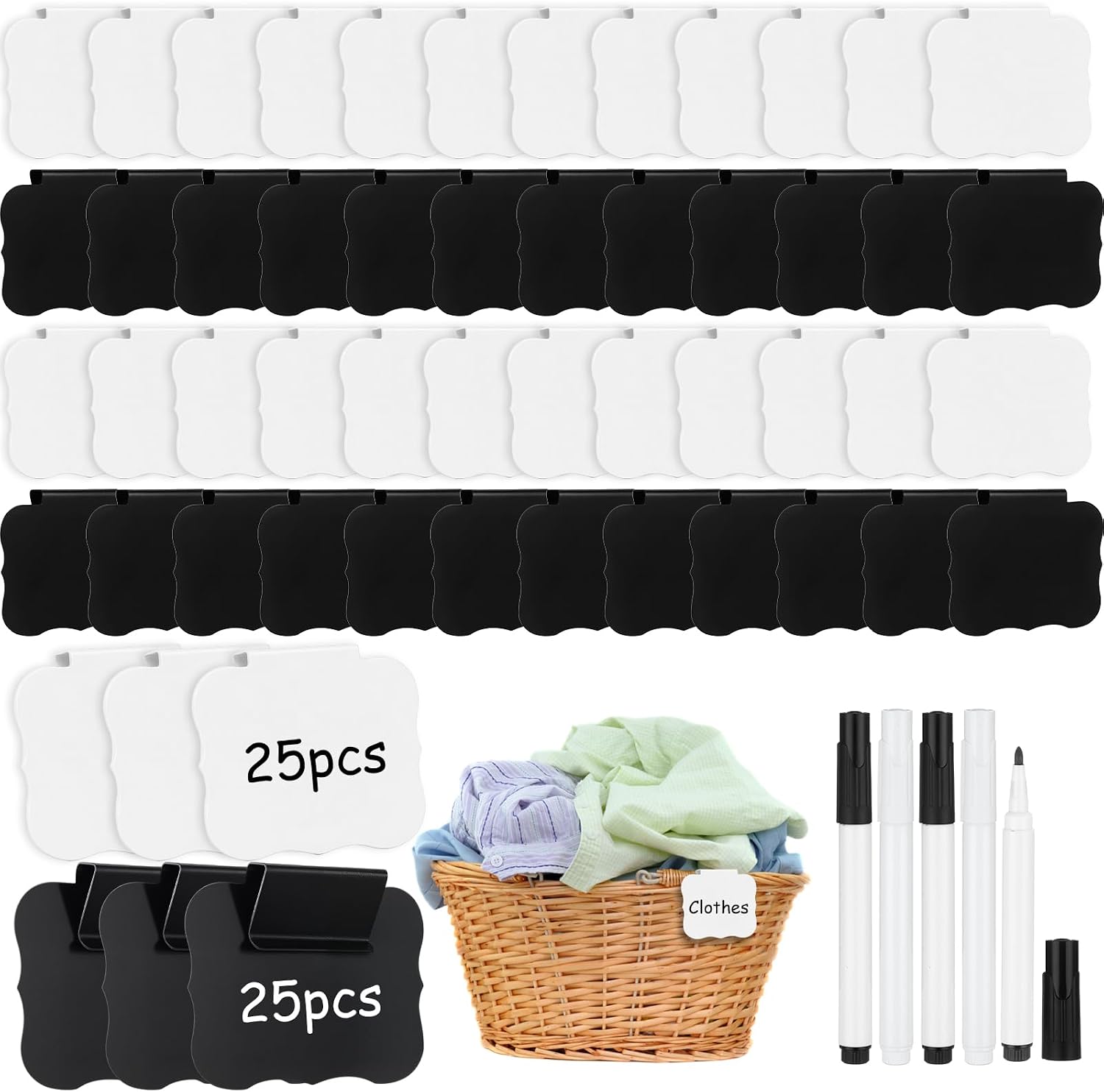 50 Pcs White Basket Labels Clip on for Storage Bins, Removable PVC Bin Clip Labels with 4 Chalk Markers for Basket Pantry Cubes Organization Container