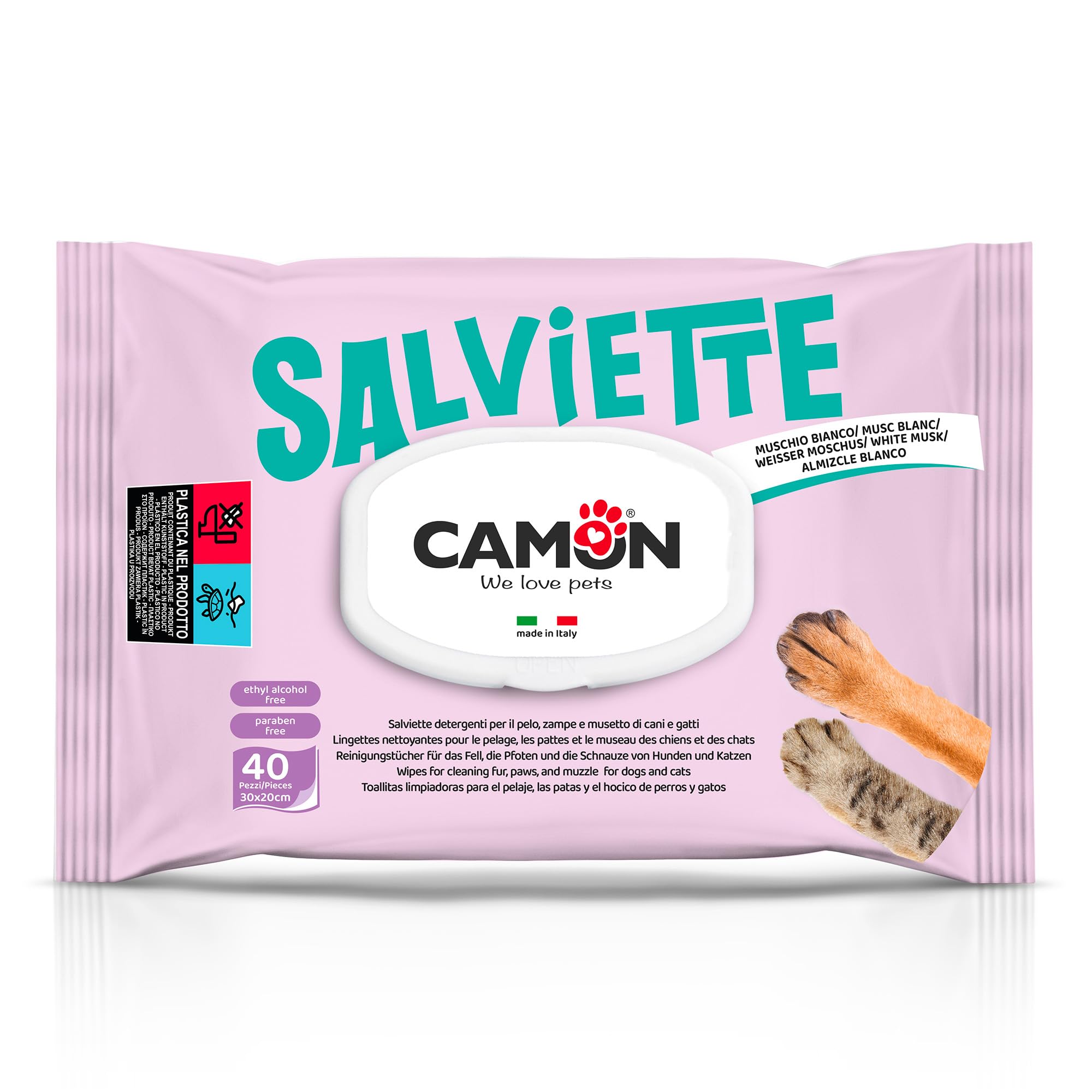 CAMON | Salviette Detergenti per Cani e Gatti, 30x20 cm, Confezione da 40 Pezzi, Fragranza Muschio Bianco, Senza Alcol né Parabeni, Made in Italy