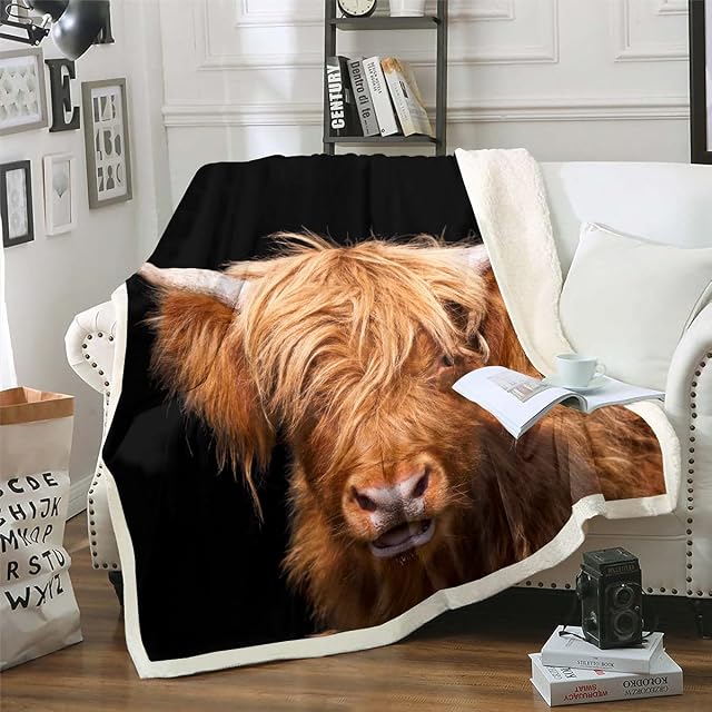 Loussiesd Highland Cow Sherpa Blanket Longhorn Cattle Fleece Throw Blanket for Kids Boys Girl Western Animals Fuzzy Blanket for Sofa Bed Farm Animals Plant Brown Black,Double 60x79 Inch