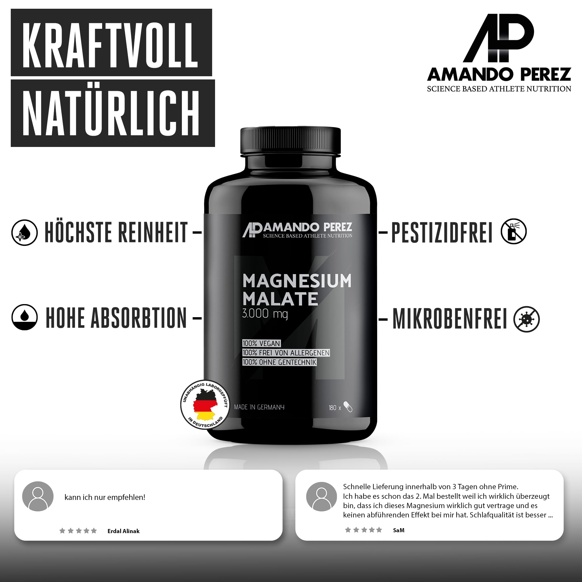 Amando Perez Magnesium Malat Tabletten 3000mg Hochdosiert - 540 Stück Magnesiummalat Vegan & Laborgeprüft (450mg Magnesium) Kapseln für Sport - Trägt zu einer normalen Muskelfunktion bei