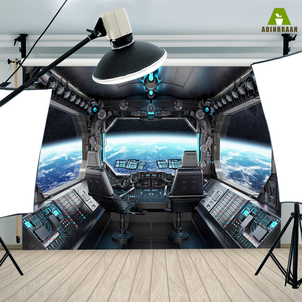 Aoihrraan 2,2x1,5m Nave Espacial Ventana Vista Fondo Exterior Espacio Nave Espacial Cabina Luna Superficie Universo Exploración Fotografía Fondo para Niños Cumpleaños Fiesta Retrato Foto Estudio Prop