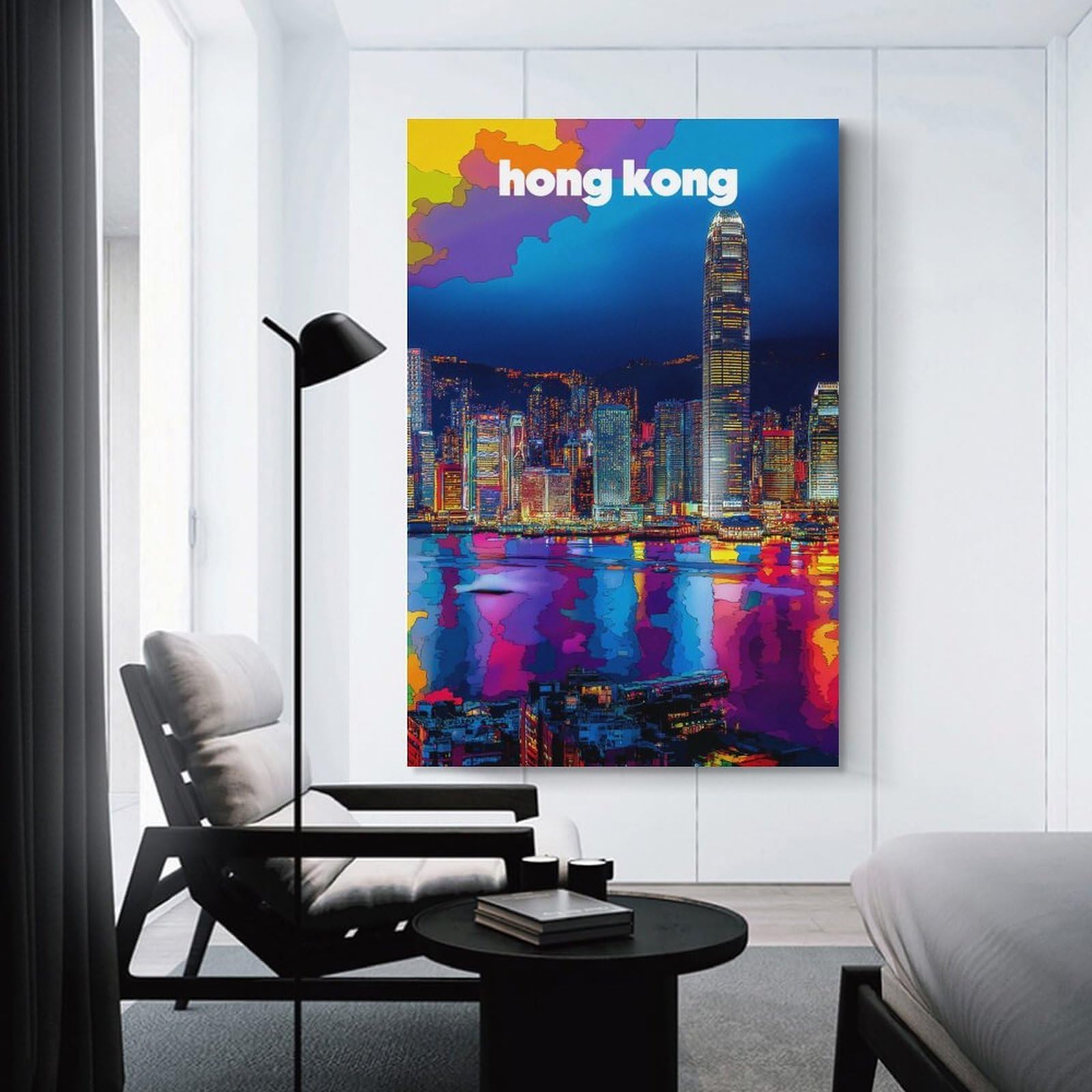 Junmoney Unframe-Vibrant Hong Kong Nightscape Canvas Wall Decor Vibrant Hong Kong Nightscape, 16X24inch(40X60cm), For Living Room, Bedroom, Office Or Hallway, Decorative Artwork With Broad Appeal