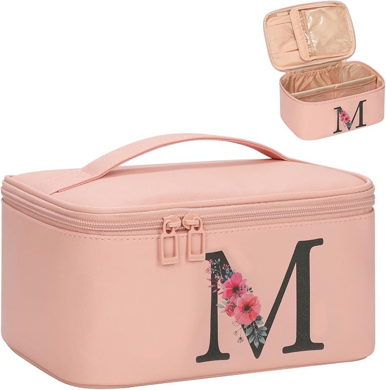 Necessaire de maquiagem OCHEAL rosa com inicial, porta-pincéis e bolsos, tamanho M