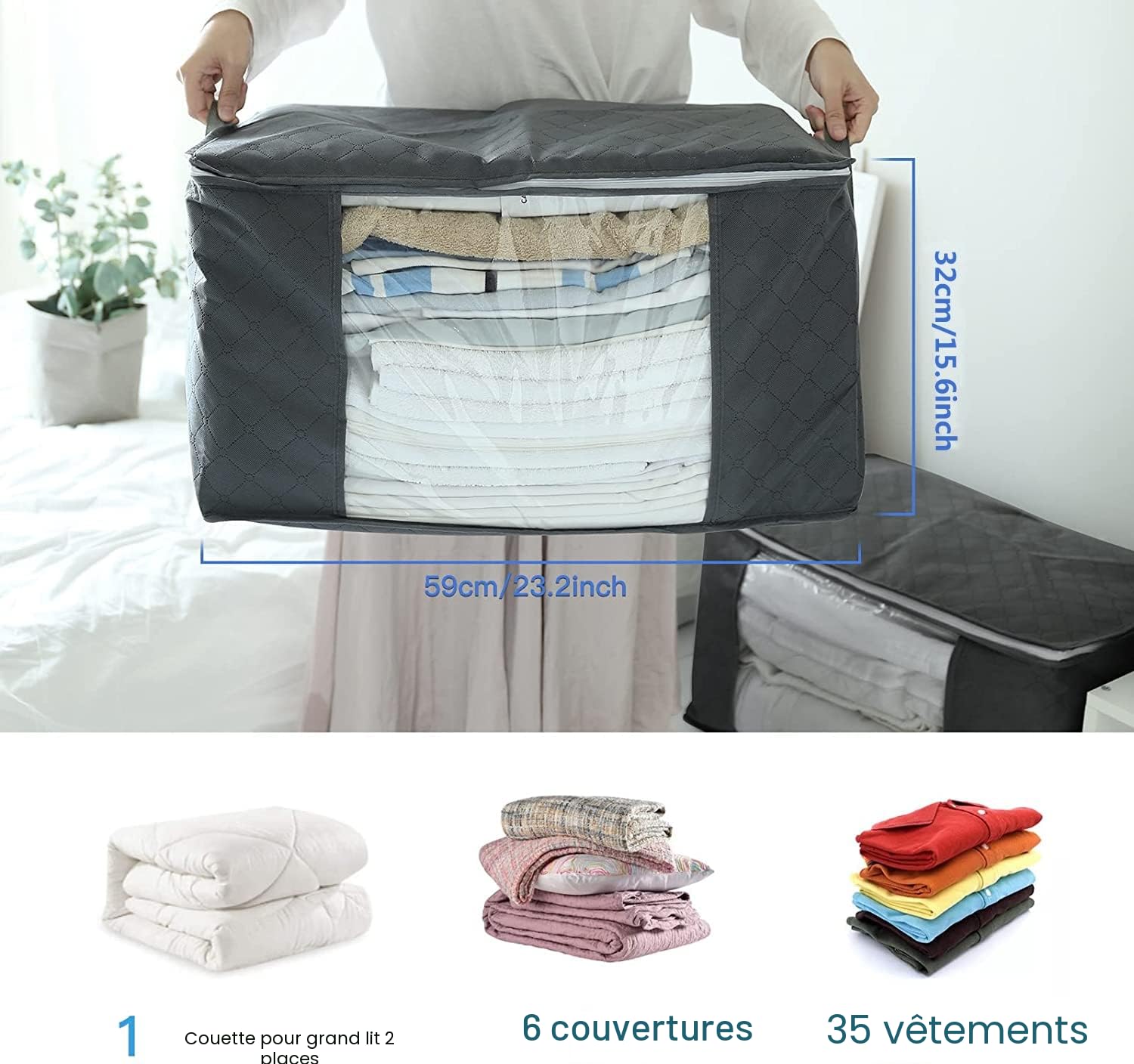 Withosent Lot de 5 Sac de Rangement Vetement 90L, Grands Boite Rangement Vetement sous Lit en Non-Tissé avec Poignée, Pliables Organisateurs pour Couette Literie Couvertures Oreillers Jouets