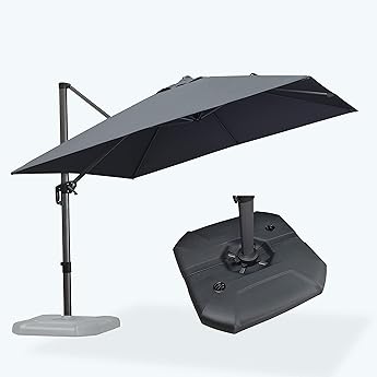 10' x 10' Heavy Duty Cantilever Patio Umbrella with Solar LED Lights & Weighted Base, 2-Tier Square Aluminum Offset Umbrella with 360-Degree Rotation for Backyard, Deck, Pool, Gray