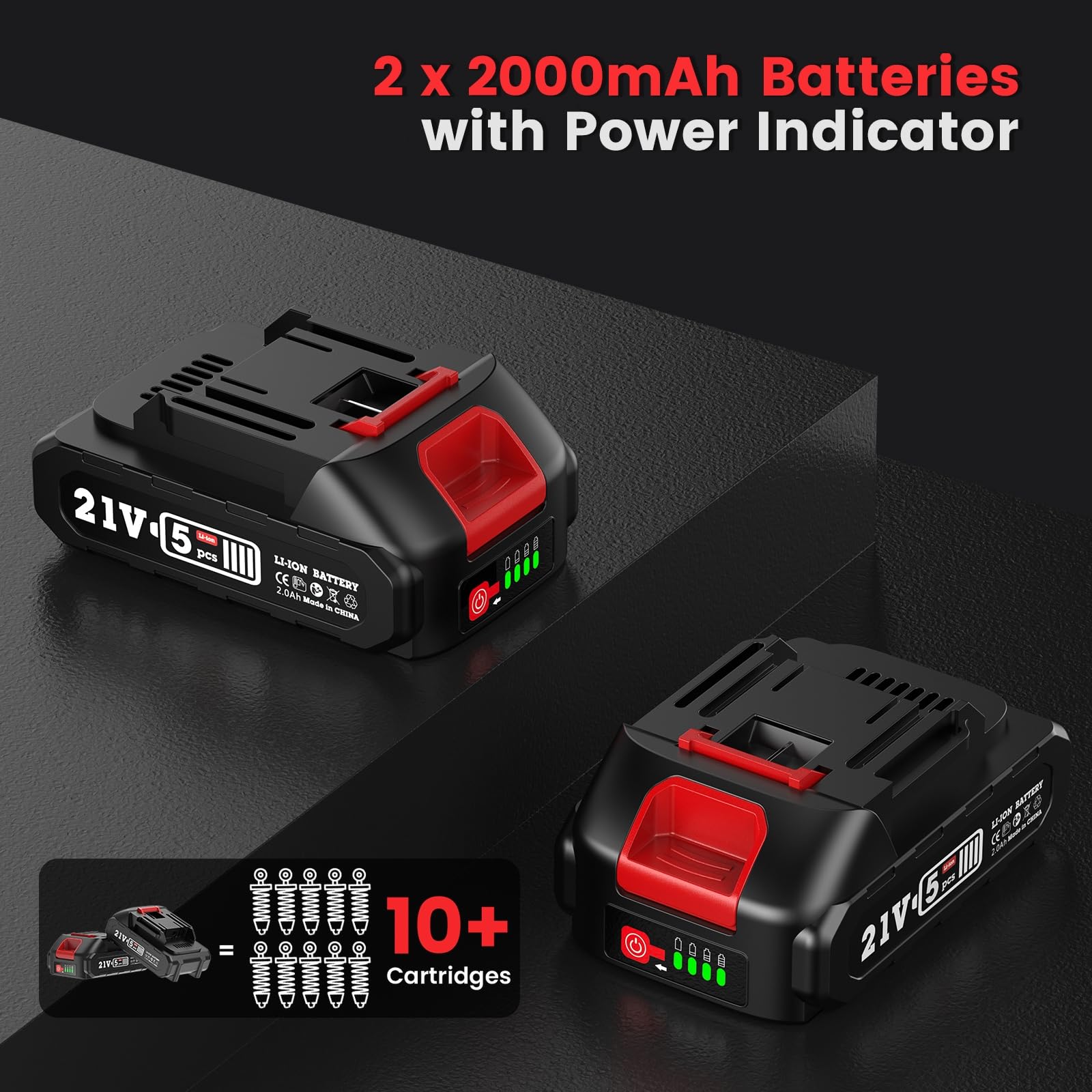 Engrasadora Bateria 10.000 PSI, 5 oz/min, Manos Libres, Pistola de Engrasar con 2 x 2000mAh Baterías, 39.4" Manguera Larga, 3 Diferentes Acopladores, para Engrasar Equipo Pesado