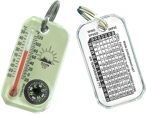 Sun Company LumaGage  Brújula multifuncional que brilla en la oscuridad y termómetro con tabla de enfriamiento de viento  Ideal para camping,