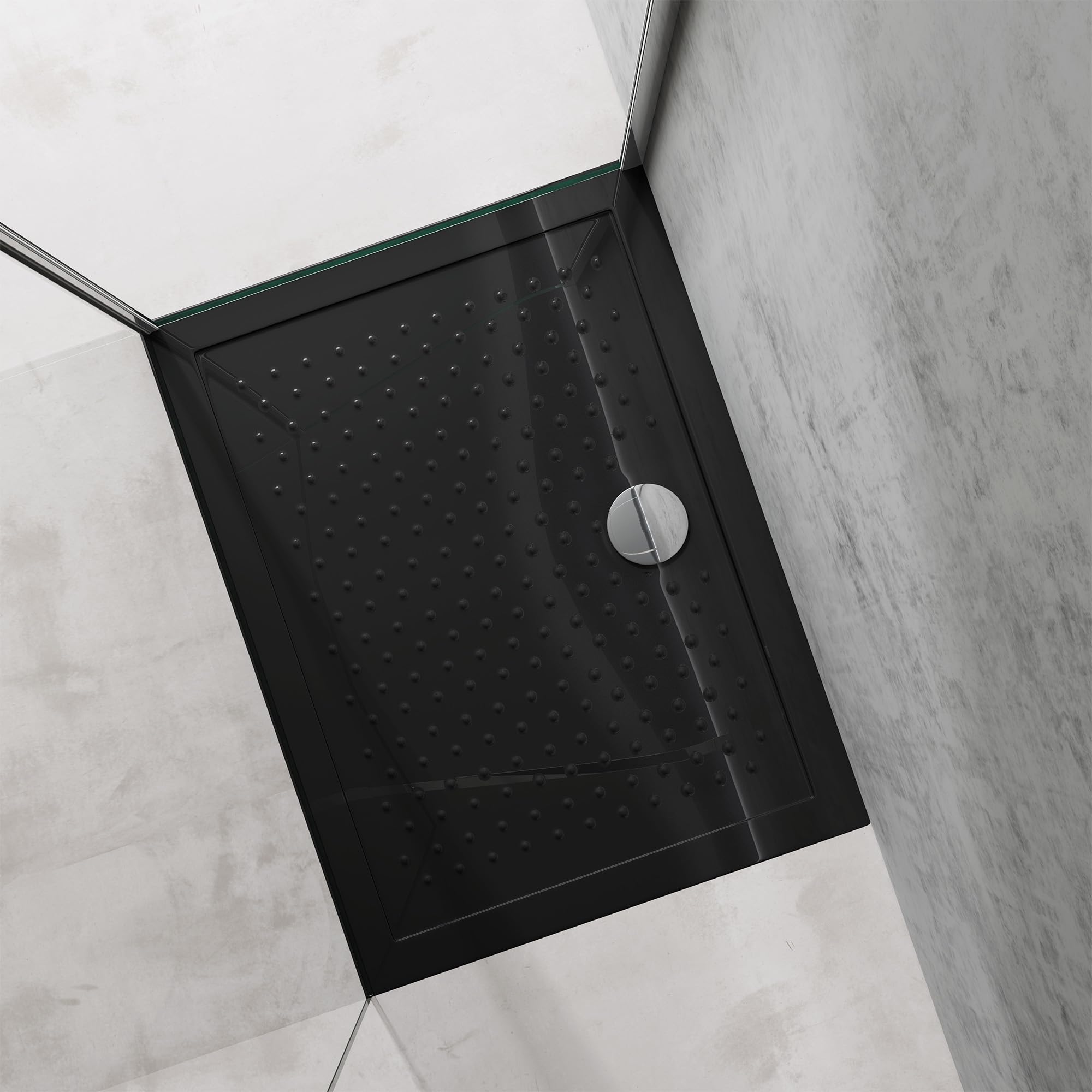 doporro Plato de Ducha Rectangular Antideslizante 70x100x4 cm – Acrílico Negro, Conexiones DIN, Instalación a Ras de Suelo – Lucia02
