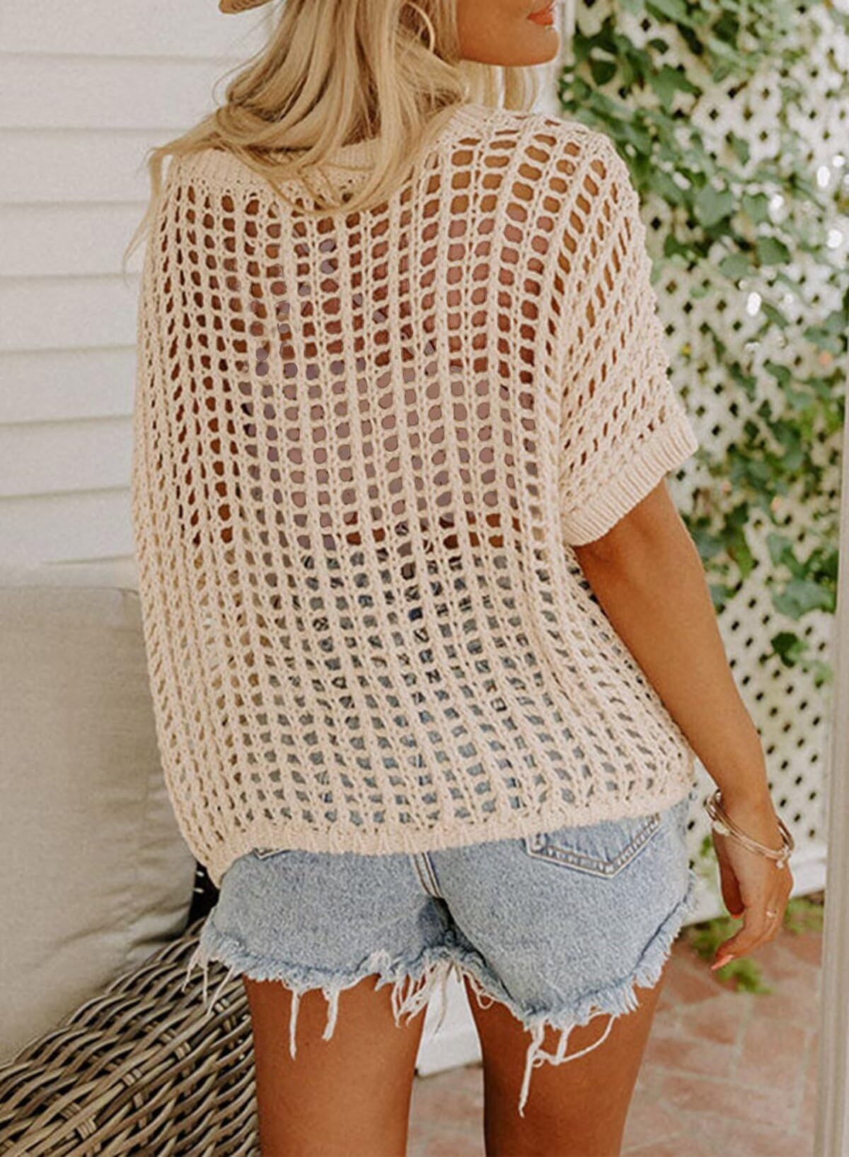 Chicrise Häkelpullover Damen Schulterfrei Rundhals Strickpullover Oversize Hakelnadel Cover Up Mesh Oberteil Lechit lässig