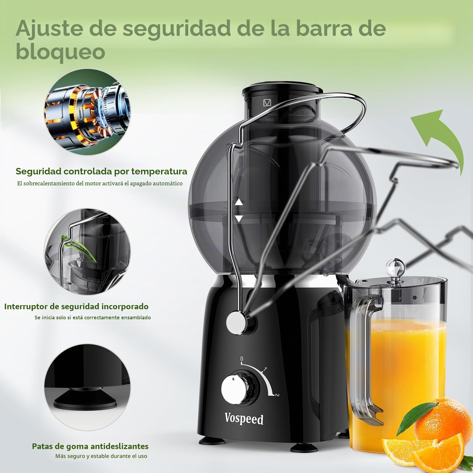 Extractor de zumo Vospeed, exprimidor de frutas y verduras de 1400 vatios con conducto de alimentación de boca ancha de 3,5 pulgadas con vaso de zumo de 1,2 litros, sin BPA, fácil de limpiar(negro)