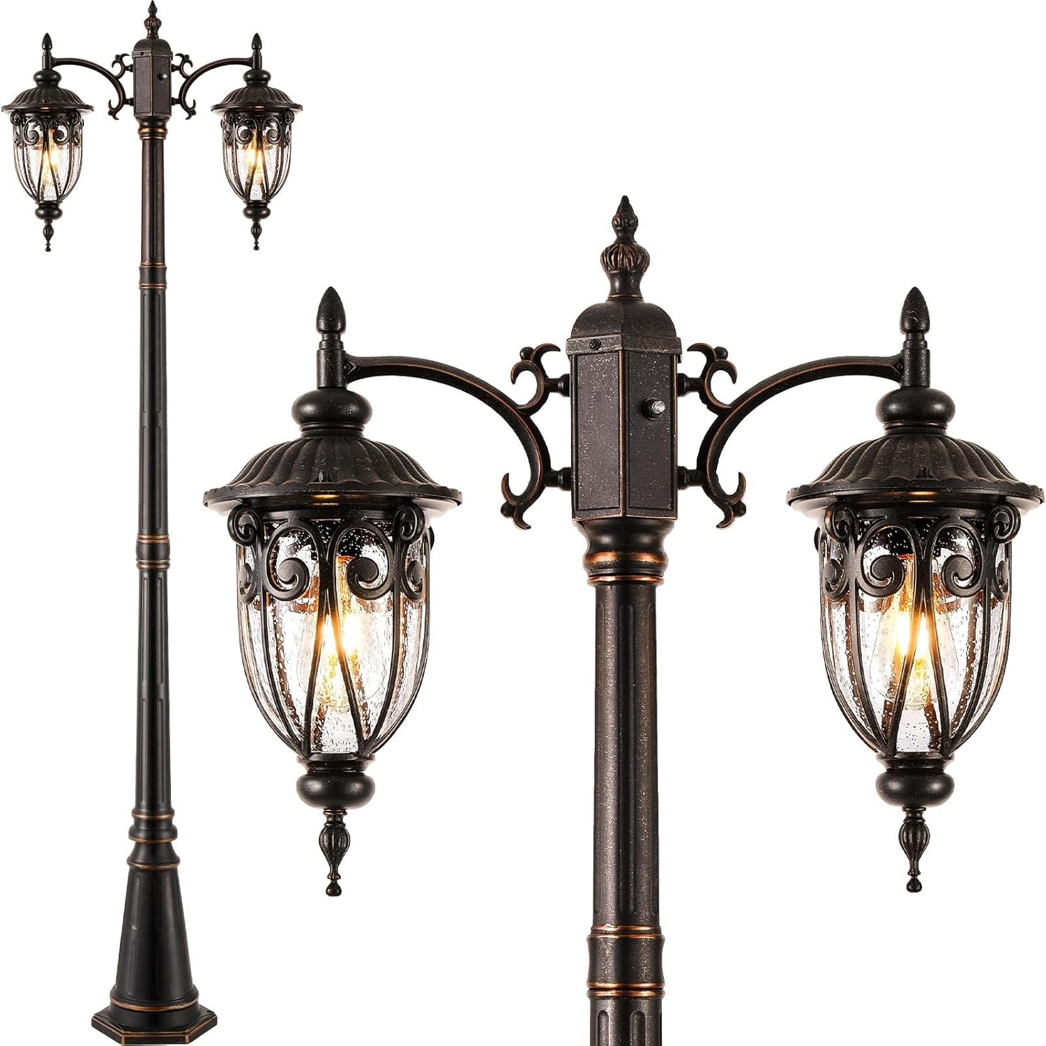 VIANIS 2-Head Outdoor Lamp Post Light, Dusk to Dawn Post Lamps Outside, Waterproof Seed Glass Lamp Posts Outdoor Lighting, Anti-Rust Bronze Light Posts for Outside, Garden, Yard, Doorway, Hardwired