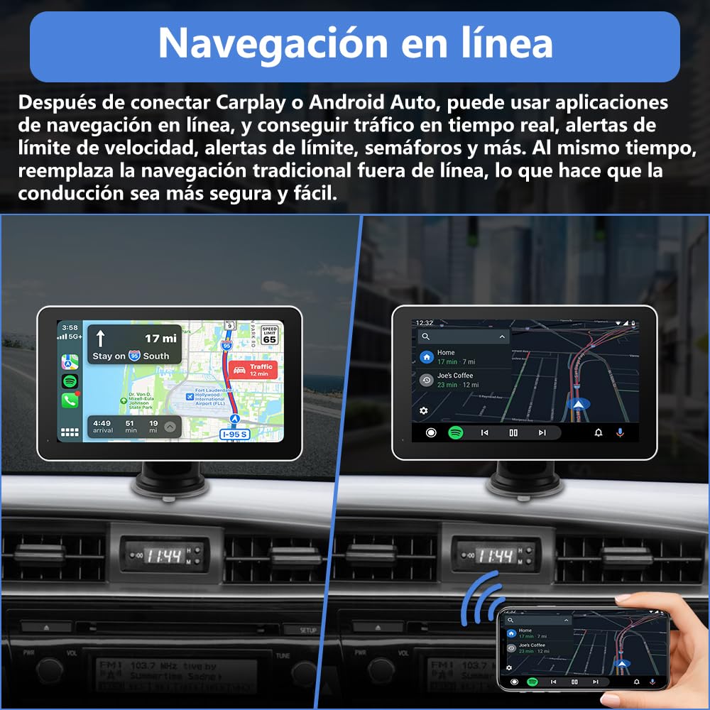 AWESAFE Pantalla 7” de CarPlay/Android Auto/Mirror Link Inalámbrico, Radio Portátil para Coche, Admite Bluetooth/Siri/USB/TF/AUX