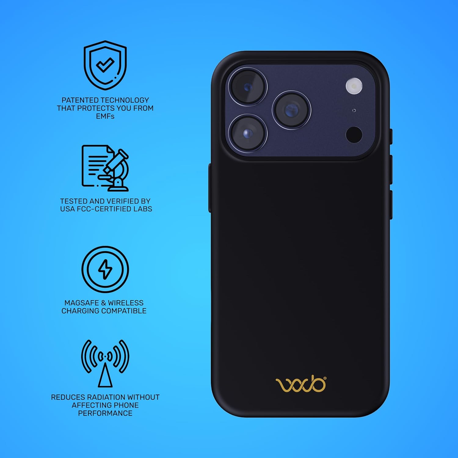 WAVEBLOCK EMF Protection Silicone iPhone Case Compatible with iPhone 17 Pro, Radiation Blocker, 5G Shield Reduction, Lightweight, USA Patented and Tested in FCC Lab, Black