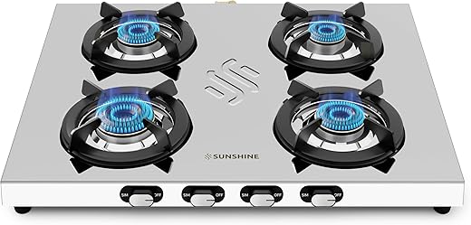 Sunshine Falcon 4 Burner | Ultra Slim 4 Burner Stainless Steel Gas Stove | Ergonomic Knob, Brass Burner, 5G Technology | Manual Ignition, LPG Ready…